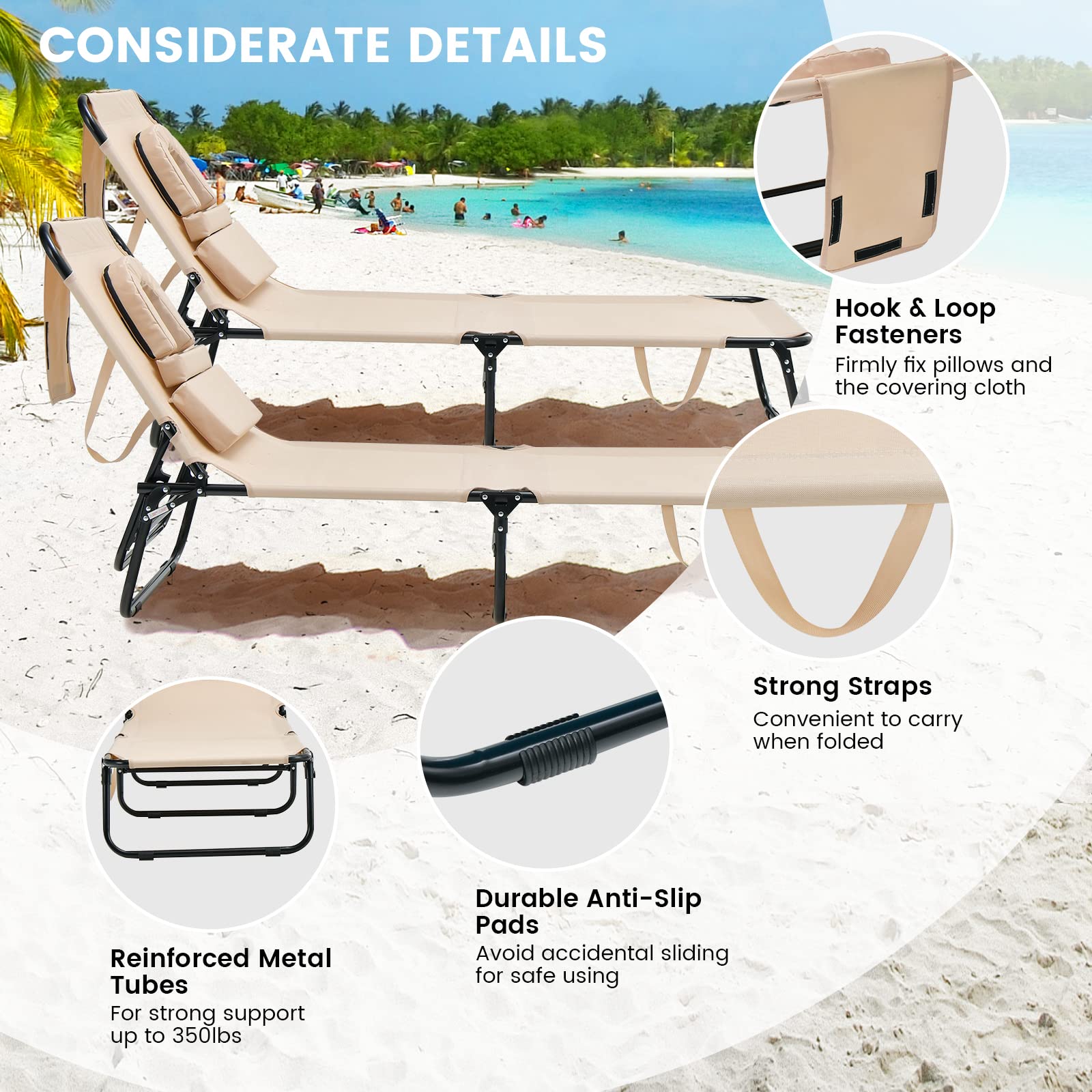 GYMAX 350lbs Heavy Duty Tanning Chair with Face Hole - Adjustable Folding Chaise Lounge for Beach, Poolside, Patio - Includes Washable Pillow & Carry Strap - Perfect for Sunbathing, Relaxing Outdoors, Backyard Lounging (Beige, 2-Pack)