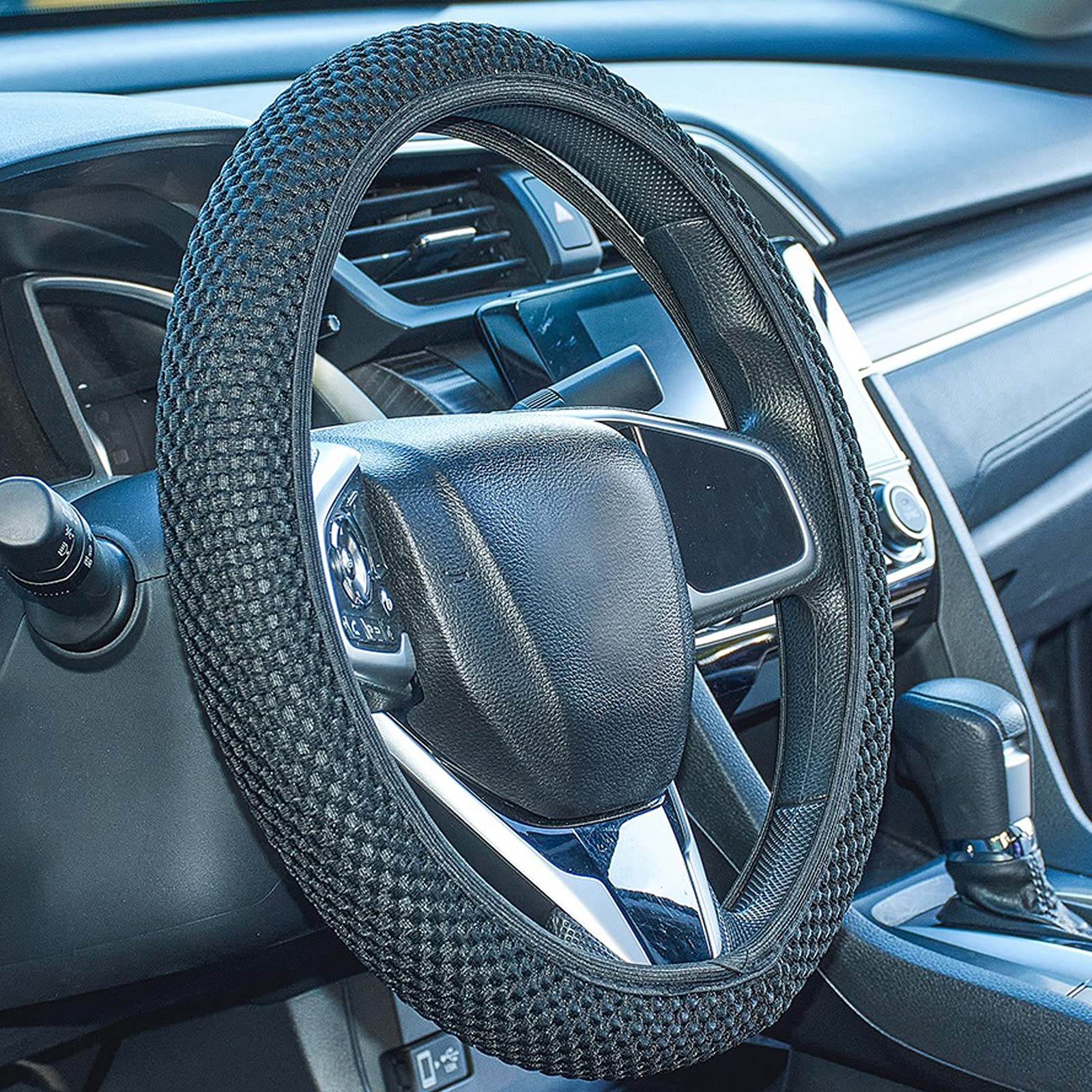 Breathable Elastic Stretch Steering Wheel Cover - Soft Ice Silk Material, Universal Fit for 15 Inch Wheels (Black) | Comfortable Grip & Heat Protection for Summer Driving