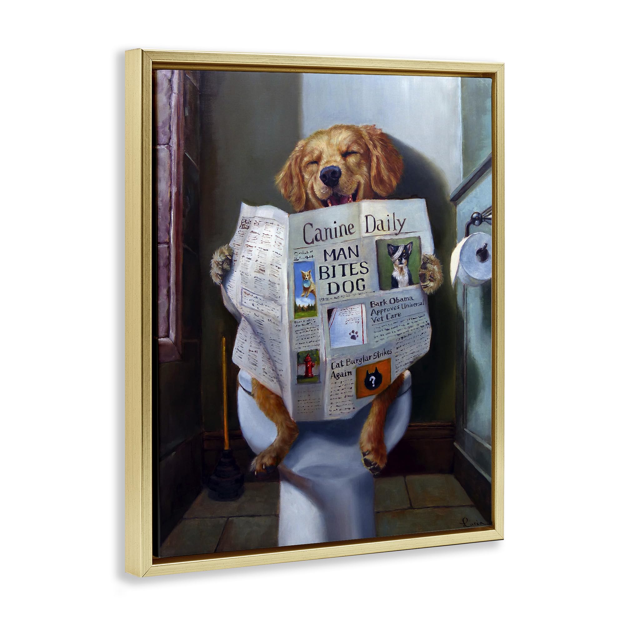 Funny Dog Reading Newspaper on Toilet Canvas Wall Art - Lucia Heffernan Framed Floater Painting - Perfect for Bathroom Decor & Humorous Home Office Art
