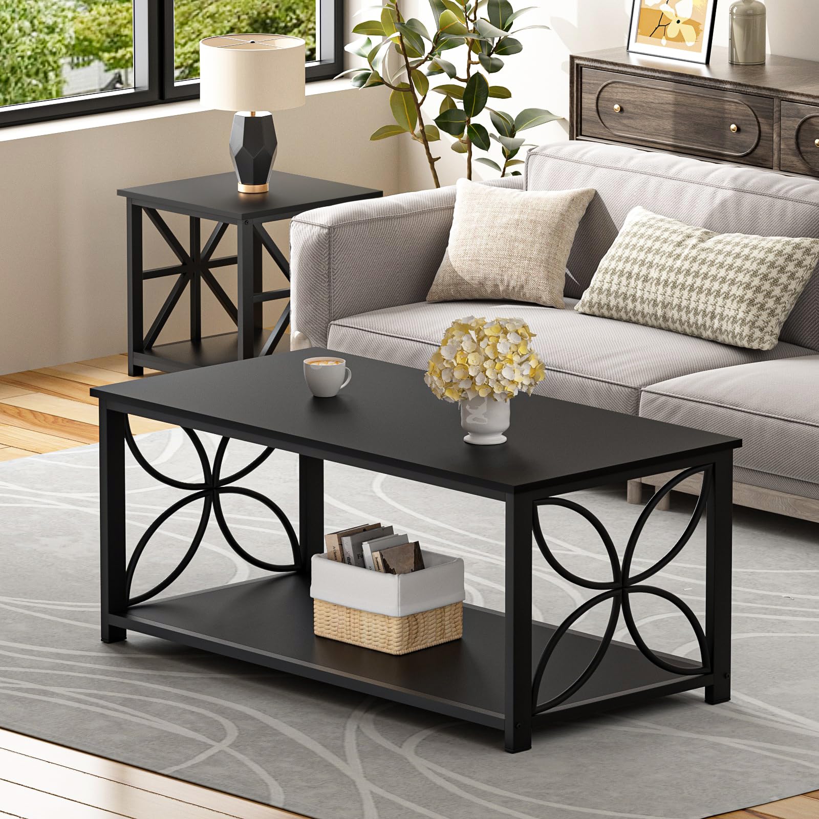 GreenForest 39-inch Modern Coffee Table with Storage Shelf - Black Living Room Center Table for Sofa, Home Office | Perfect for Small Spaces, TV Lounging & Hosting Guests