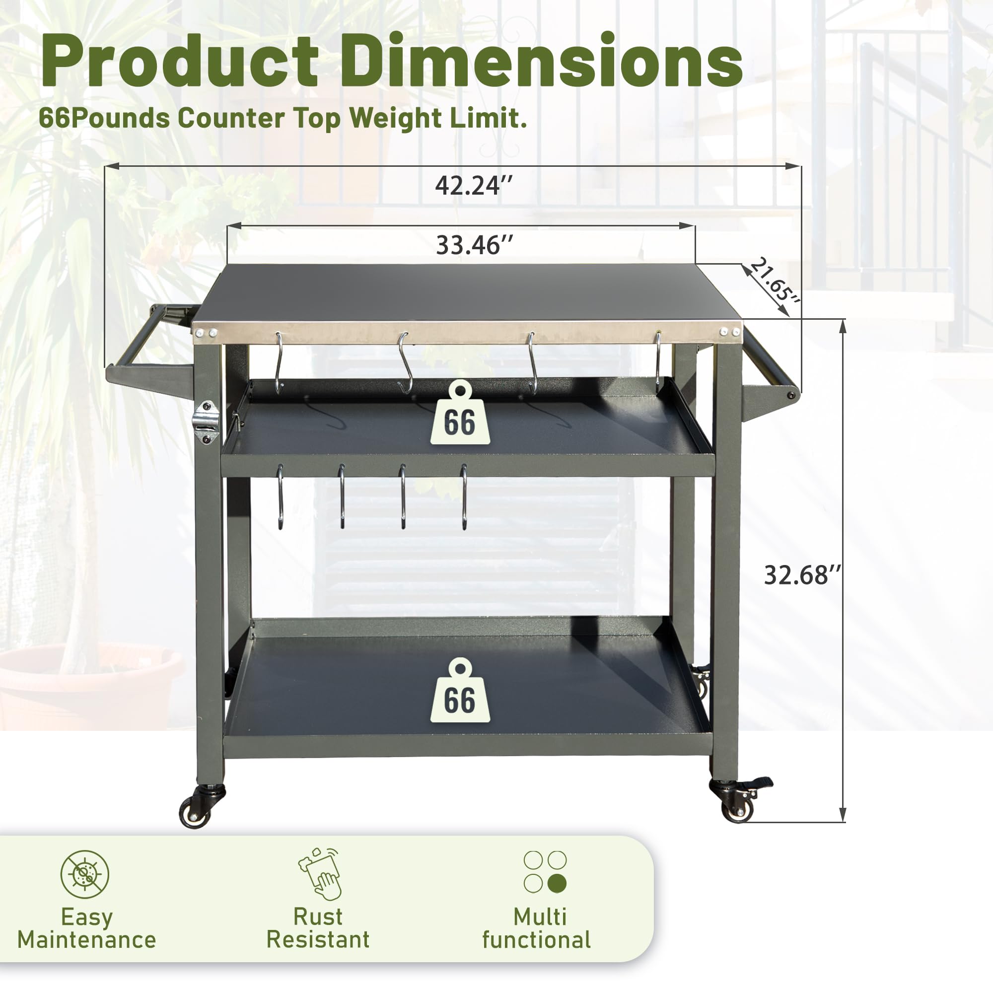 Domi 3-Tier Outdoor Grill Cart with Wheels - Stainless Steel Pizza Oven & Food Prep Station - Blackstone Griddle Stand for Backyard BBQ, Patio Cooking & Tailgating Parties