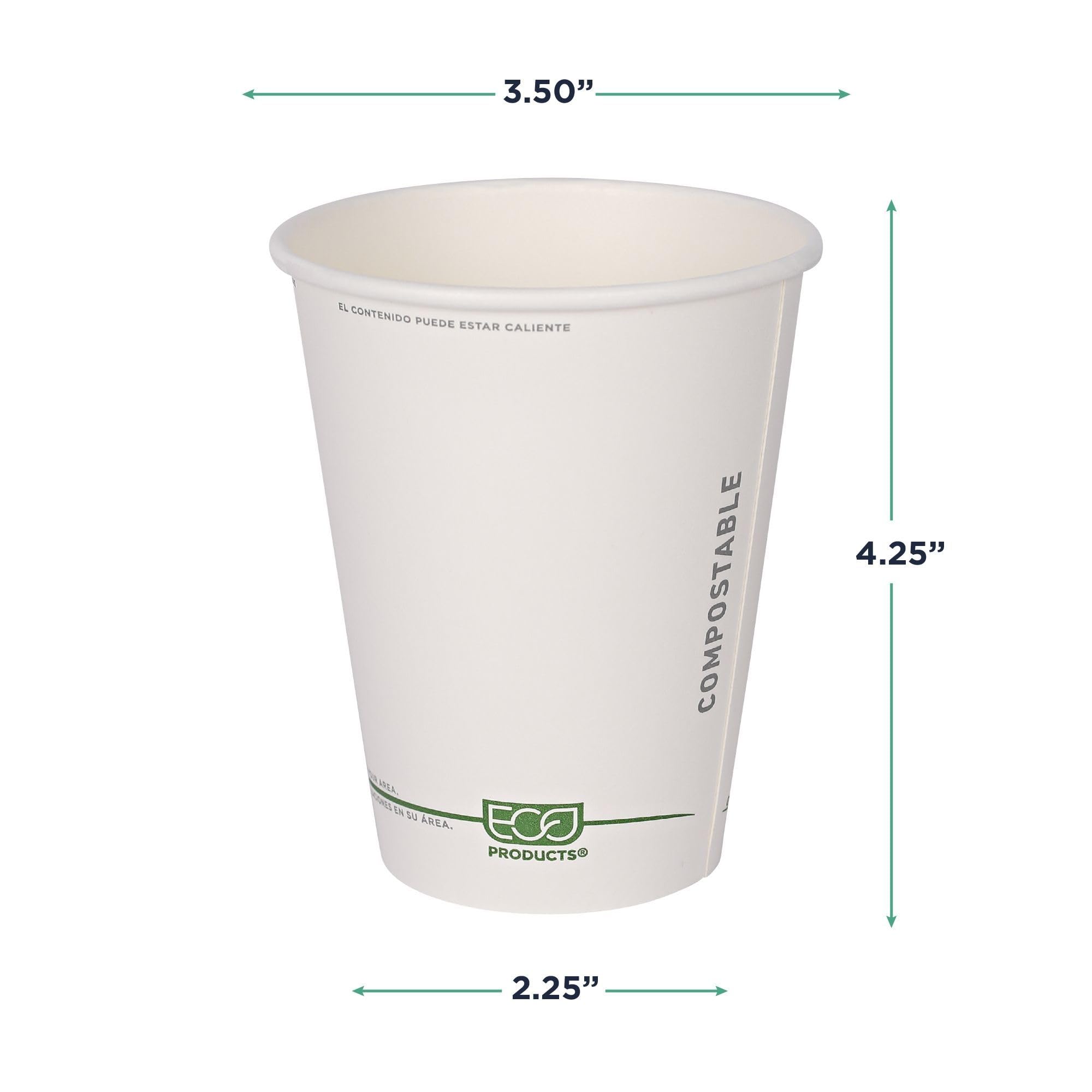 ECO PRODUCTS Compostable 12oz Coffee Cups - 1000 Count Case, White Single Wall Hot Paper Cups with Plant-Based PLA Lining | Biodegradable & Eco-Friendly Disposable Cups for Coffee Shops, Offices, and Events