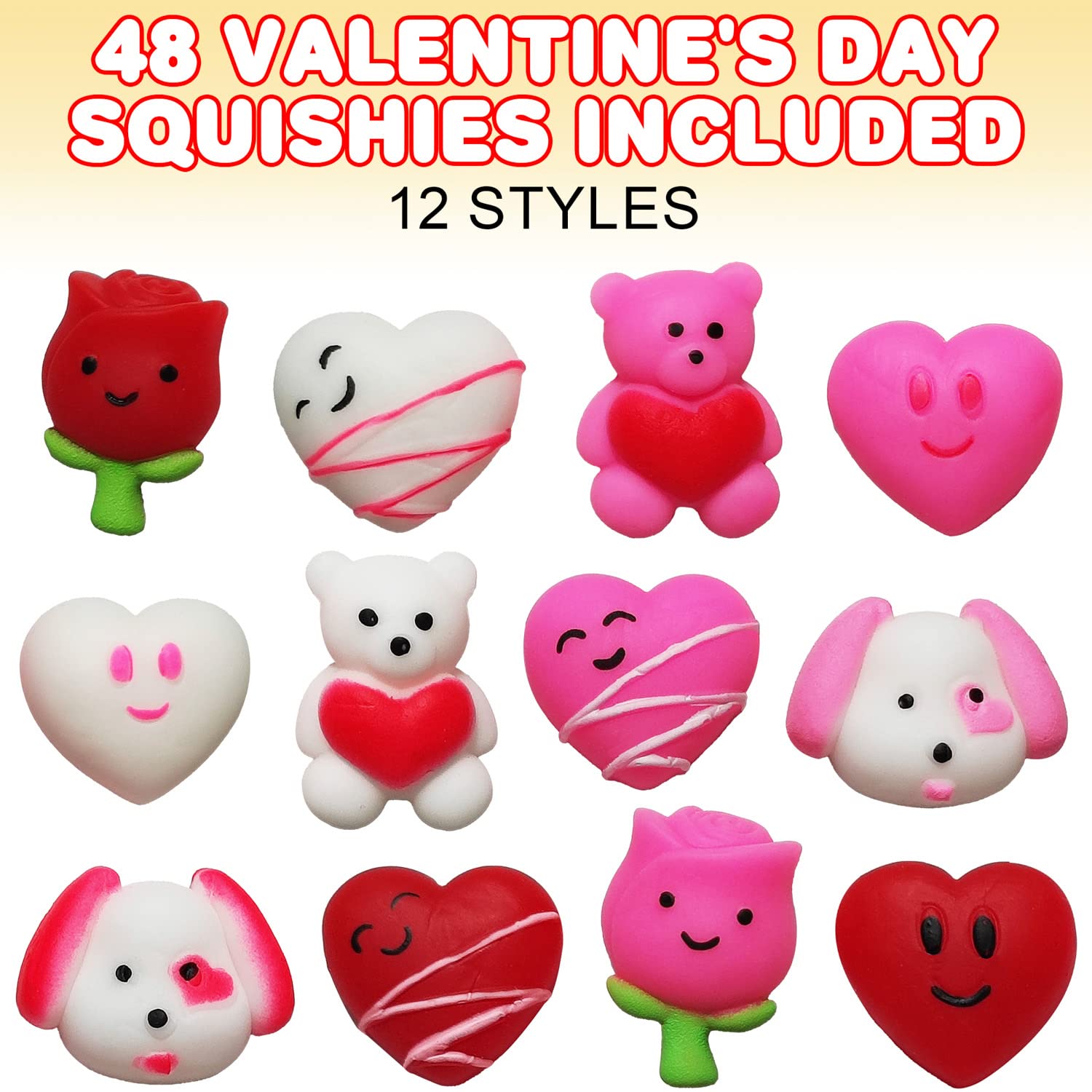 ArtCreativity 48 PCS Mini Valentines Squishies Toys Bulk Set - 12 Cute Stress Relief Squishy Toys for Kids & Adults - Valentine's Day Gifts, Party Favors, Goodie Bag Stuffers - Perfect for Classroom Rewards, Birthday Parties & Sensory Play