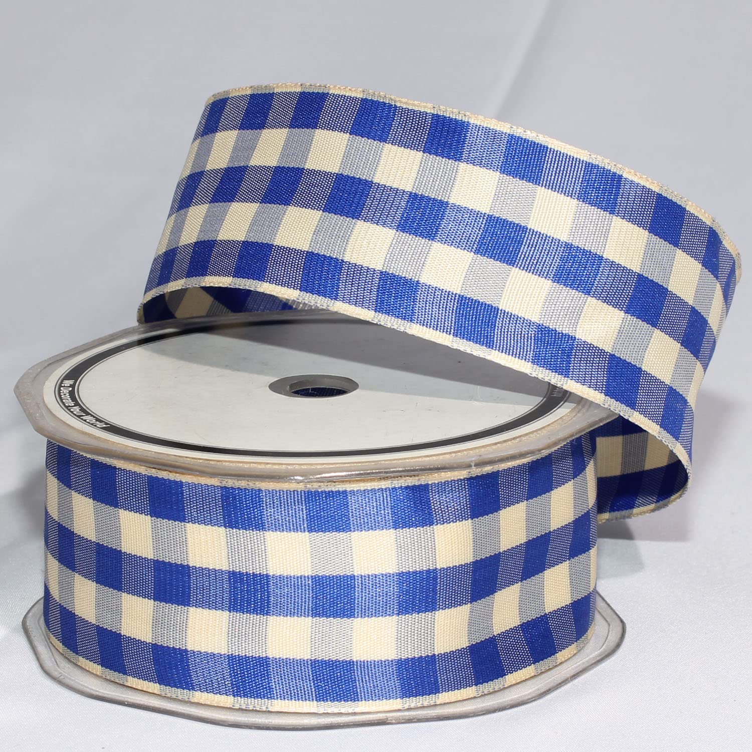 Blue and Ivory Gingham Wired Woven Edge Ribbon - 1.5 Inch x 27 Yards - Perfect for Gift Wrapping, DIY Crafts, Wedding Decorations, and Party Favors