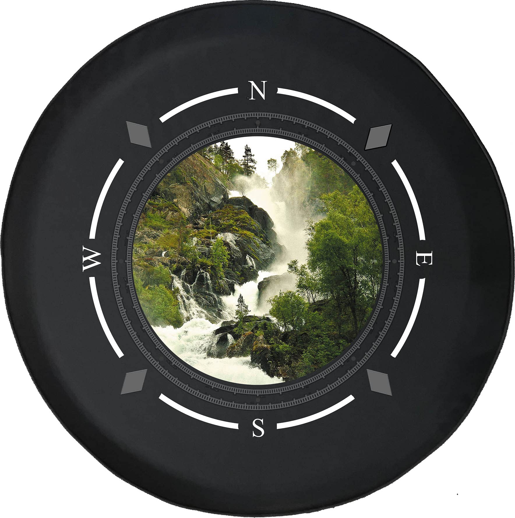 American Unlimited Spare Tire Cover with Compass Design - White Water Waterfall Pattern Wheel Protector for SUV, Trailer, RV & Multiple Vehicles | Durable Outdoor Accessory for Camping & Road Trips