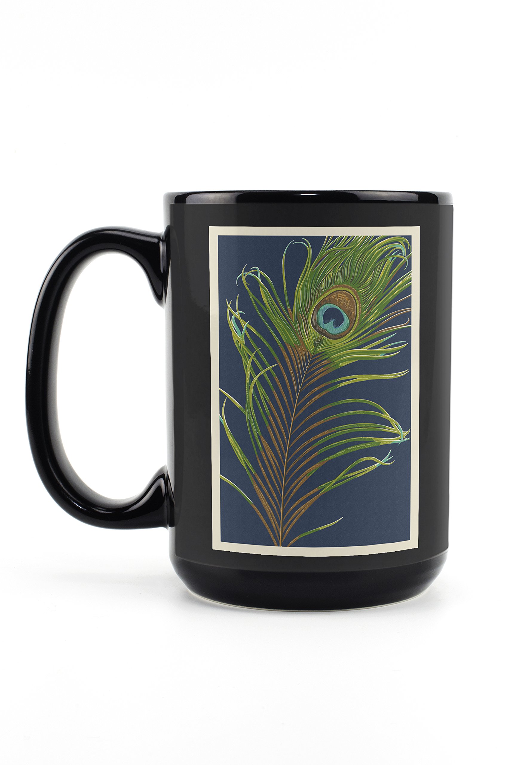 Peacock Feather Letterpress 15oz Black Ceramic Coffee Mug - Microwave & Dishwasher Safe - Perfect for Home, Office & Gift Giving