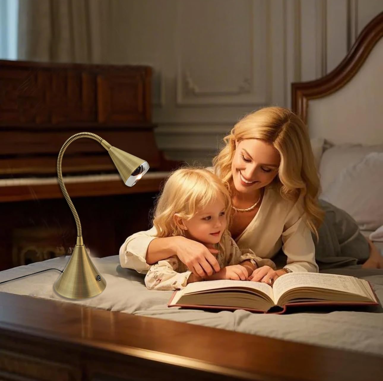 HomeFocus - Adjustable LED Desk Lamp with Touch Dimming & Flexible Gooseneck, Eye-Caring Reading Light for Home Office, College Dorms, Study Room - Gold Metal Base (Perfect for Night Reading & Computer Work)