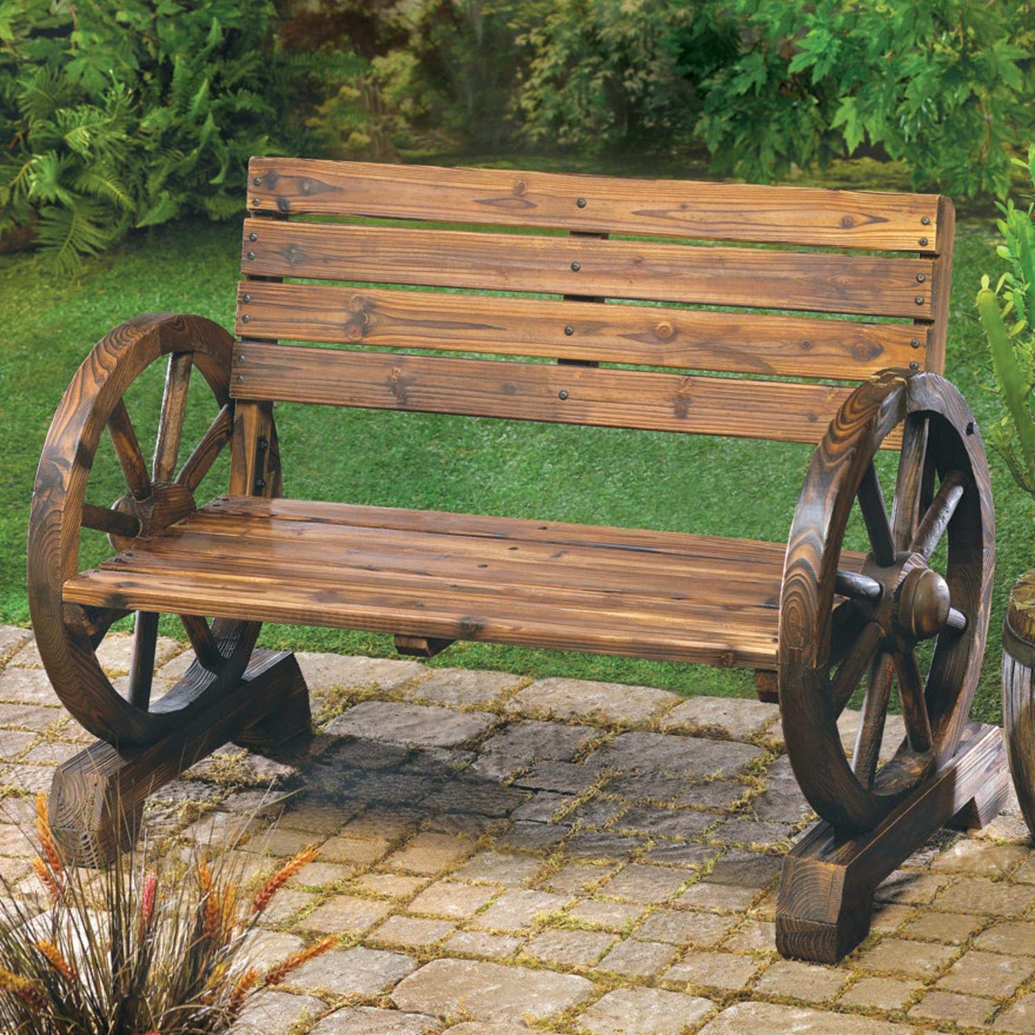 Rustic Wood Wagon Wheel Bench - Handmade Farmhouse Garden Furniture for Patio, Porch & Outdoor Decor - Perfect for Country Style Home & Yard Decoration
