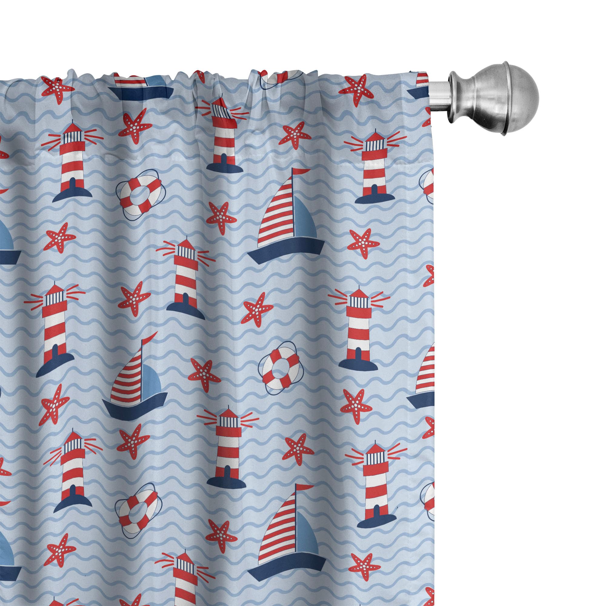 Ambesonne Lighthouse Curtains - Coastal Nautical Design with Sea Waves, Boats & Starfish - 2 Panel Window Treatments Set (28