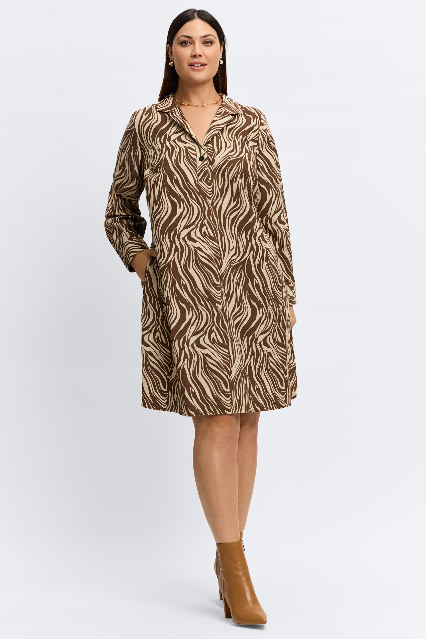 Sloane Plus Abstract Zebra Print Corduroy Long Sleeve Dress for Women - Elegant Fall & Winter Fashion for Office, Party and Casual Wear