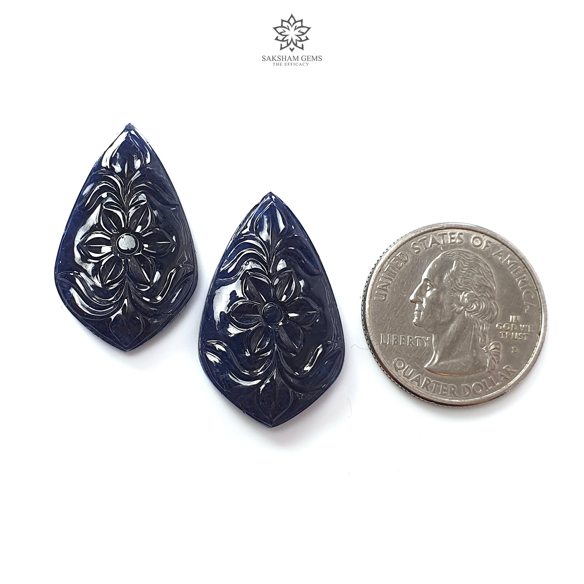 Natural Untreated Dark Blue Sapphire Gemstone Carving - 61.60cts Unheated Hand-Carved Fancy Shape (31x19mm) Pair | Perfect for Jewelry Making, Luxury Gifts & Gemstone Collections