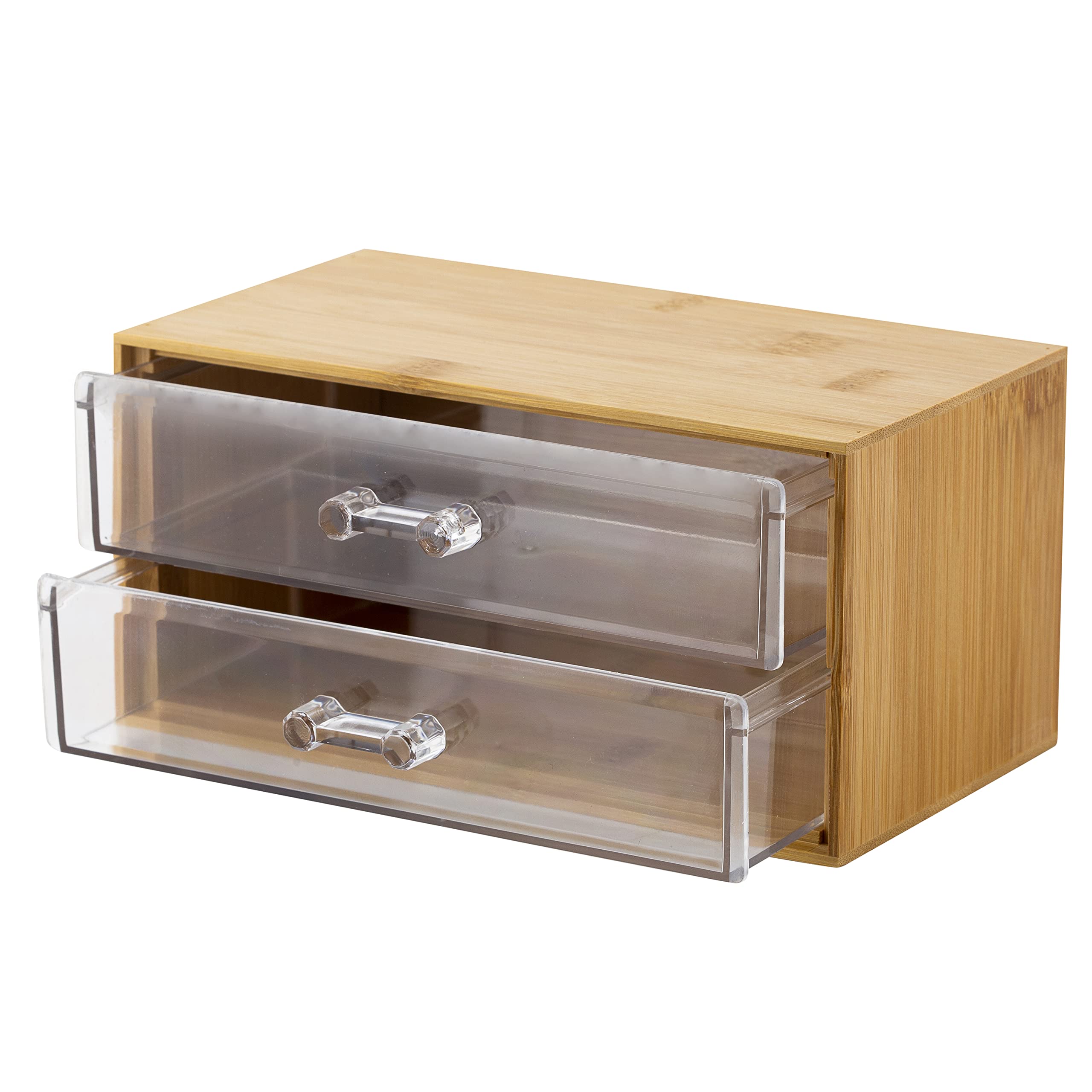 2-Tier Cosmetic and Jewelry Organizer - Clear Acrylic & Bamboo Makeup Storage Box for Vanity, Dresser or Bathroom Countertop - Perfect for Organizing Makeup Brushes, Rings, Earrings and Beauty Accessories