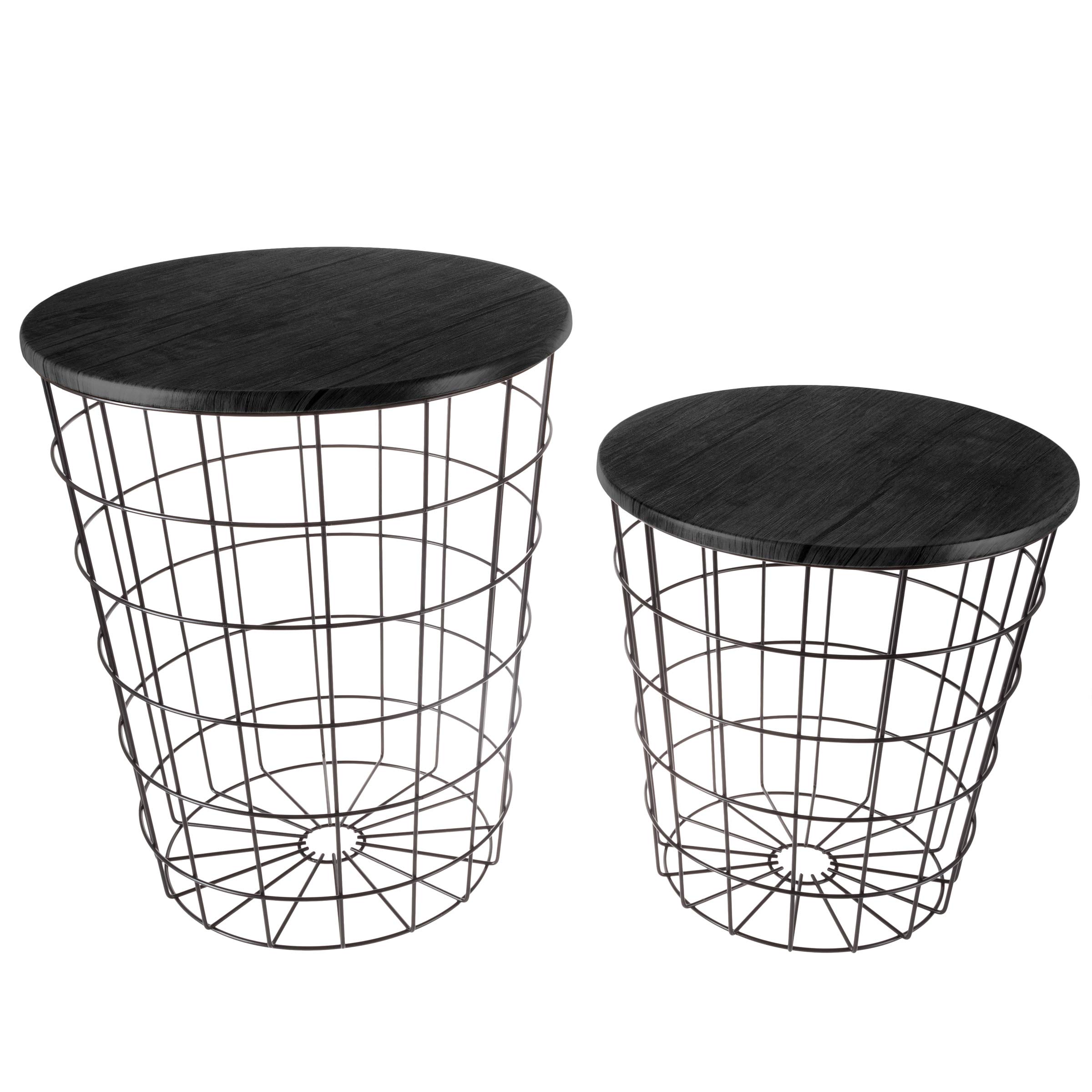 Lavish Home 2-Piece Round Nesting End Tables Set with Removable Wood Tops & Metal Basket Bases - Blanket Storage Side Tables for Living Room, Bedroom, Home Office - Perfect for Small Space Organization & Stylish Home Decor (Black)