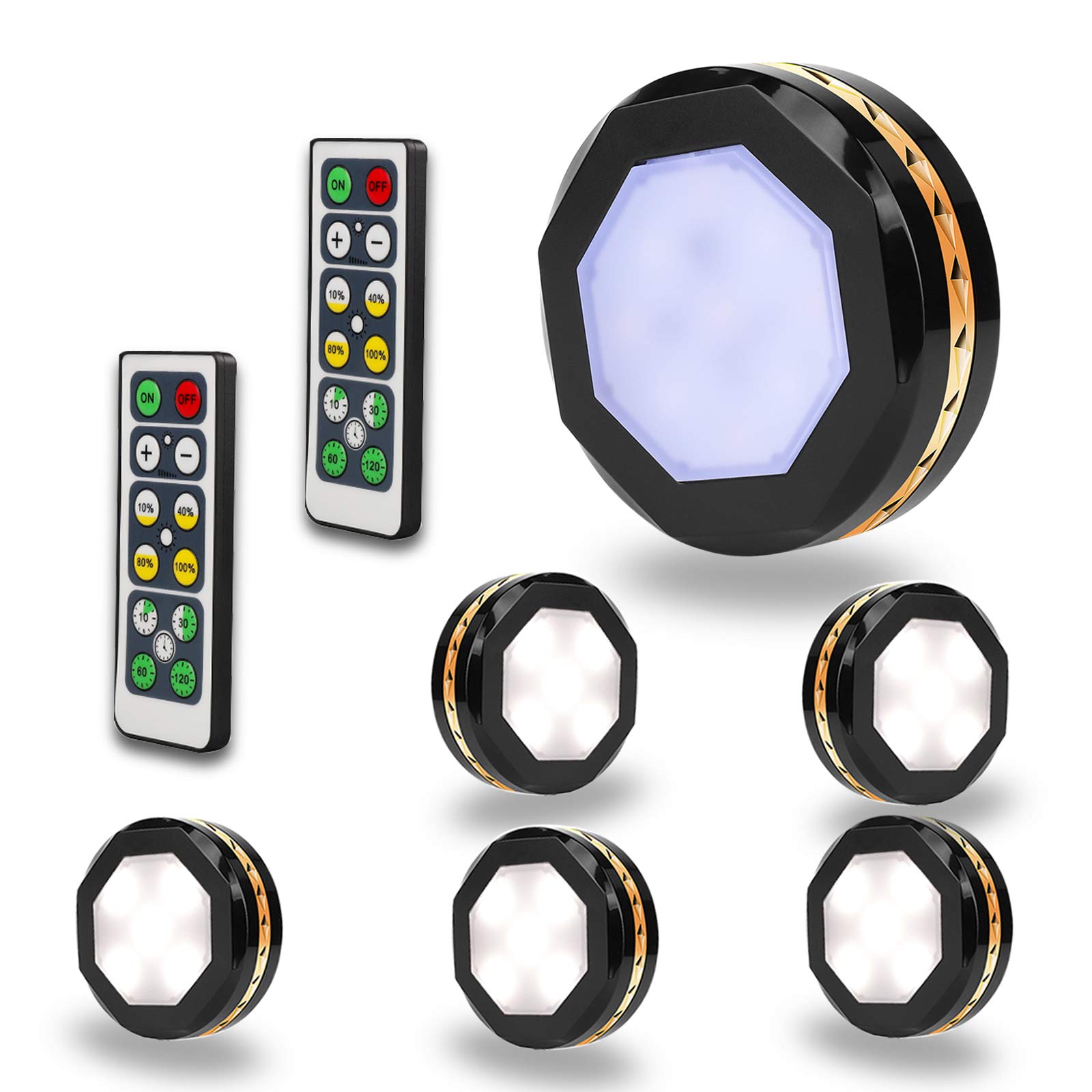Wireless LED Puck Lights - 6 Pack Under Cabinet Lighting with Remote Control, Dimmer & Timer, Battery Powered for Closets, Night Lights, Push Lights (Black) - Perfect for Kitchen, Bedroom, Stairs & Home Decor