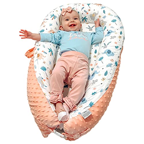 Hiseeme Baby Lounger & Co-Sleeping Nest - Premium Breathable Natural Cotton Newborn Essentials, Adjustable Portable Infant Lounger with Pillow - Perfect Baby Shower Gift for Girls & Boys (Pink) - Ideal for Nursery, Travel & Co-Sleeping Safely