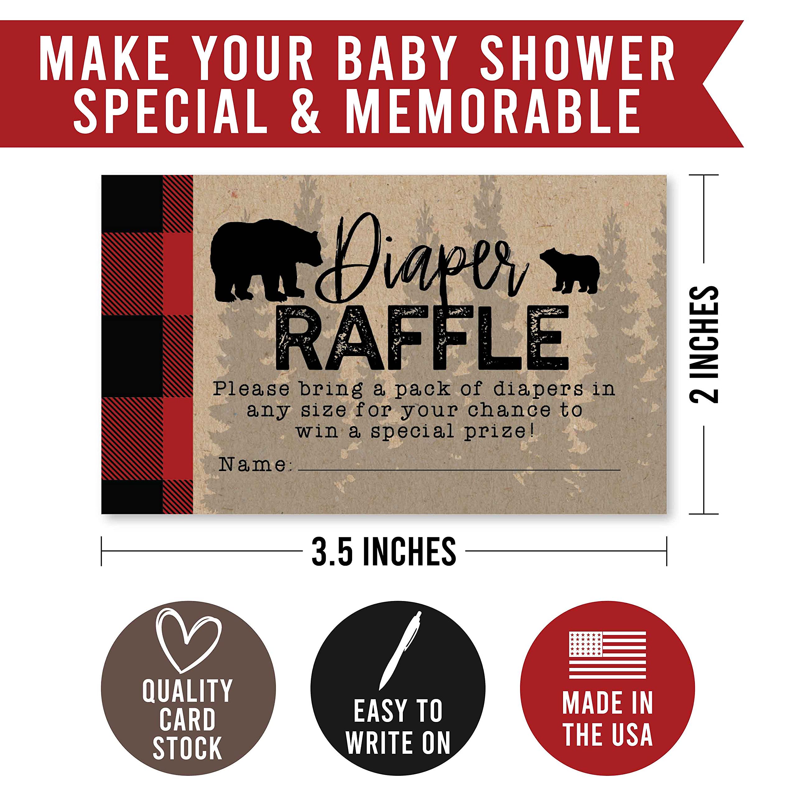Hadley Designs 25 Baby Shower Diaper Raffle Tickets - Lumberjack Theme for Boys, Baby Shower Games, Diaper Raffle Cards, Baby Raffle Tickets, Baby Shower Invitations - Perfect for Baby Shower Decorations, Party Favors and Gender Reveal Events