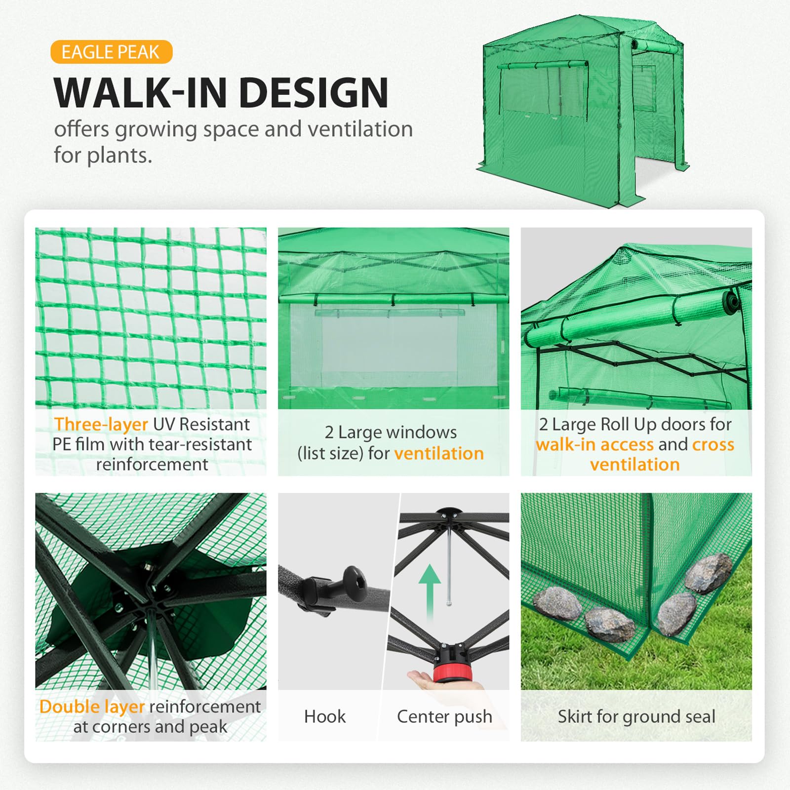 EAGLE PEAK 8x6ft Portable Walk-in Greenhouse for Indoor & Outdoor Gardening - Pop-Up Plant Protection Tent with Zippered Doors & PE Cover - Perfect for Seed Starting, Plant Growing & Backyard Gardening