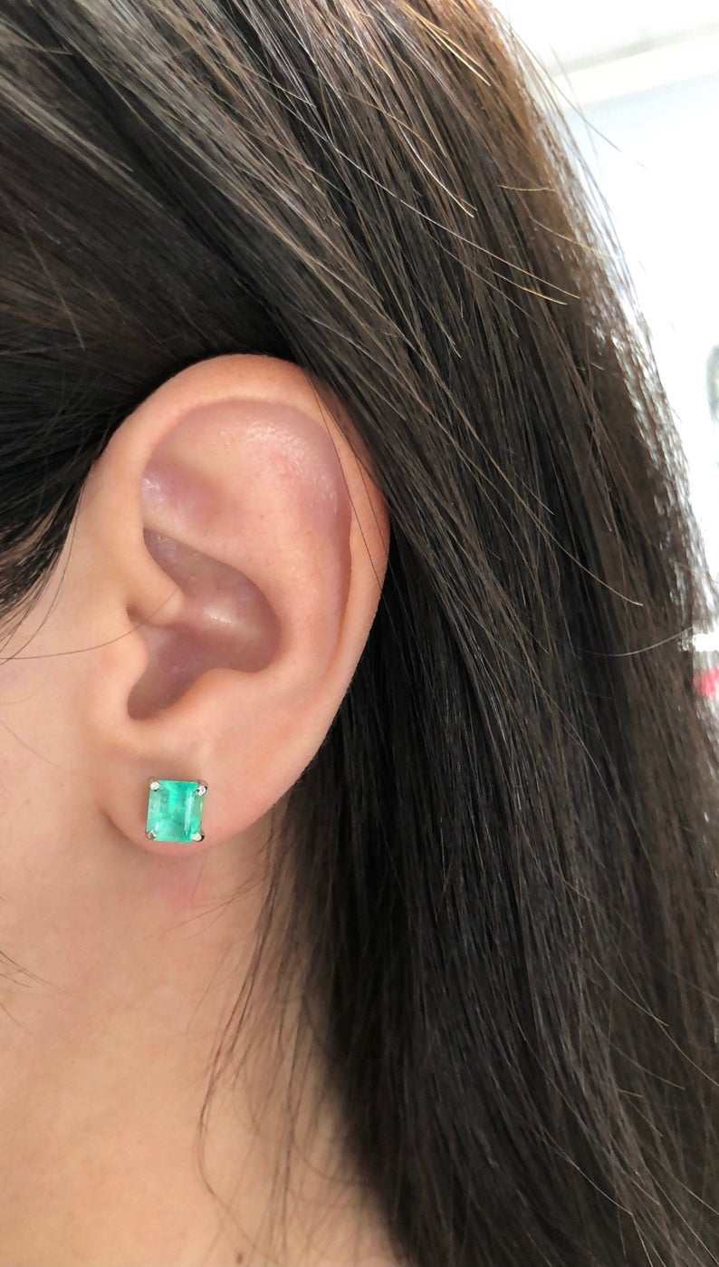 2.75tcw Asscher Cut Emerald Stud Earrings in 14K White Gold - Floral Inspired Design for Weddings, Parties & Special Occasions