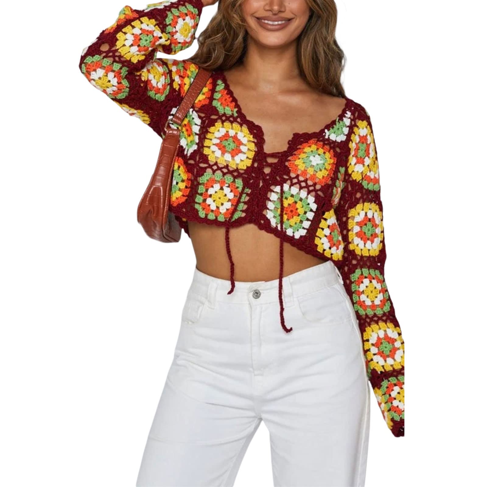 Women's Crochet Knit Hollow Out Floral Pattern Sweater Top - Long Sleeve Button Down Knitted Cropped Cardigan for Spring & Fall Layering | Boho Chic Fashion