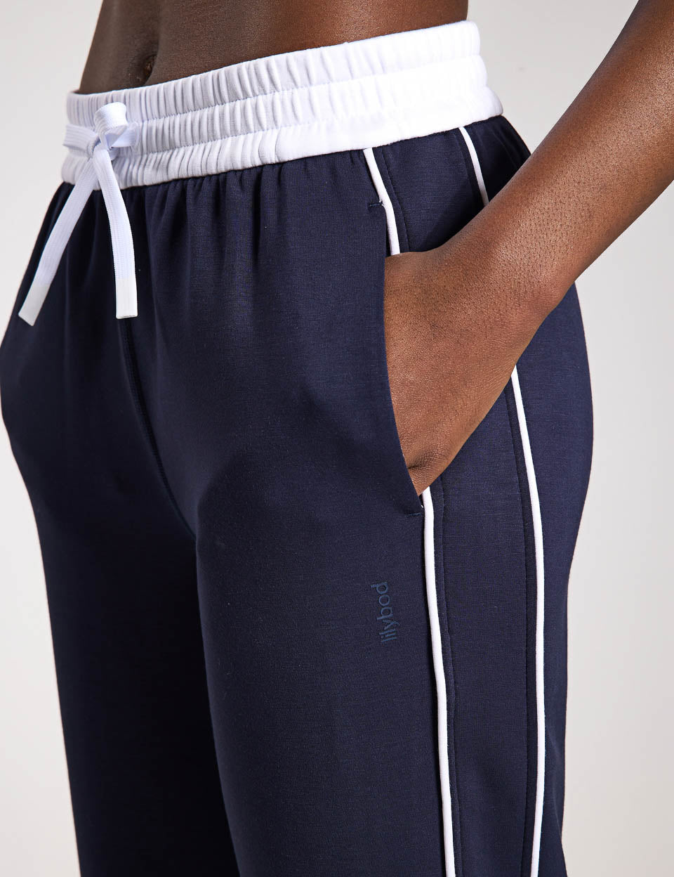 Kirsten Wide Leg Pants for Women - Navy Blue with White Piping | Comfortable High Waisted Trousers for Work, Office & Casual Wear