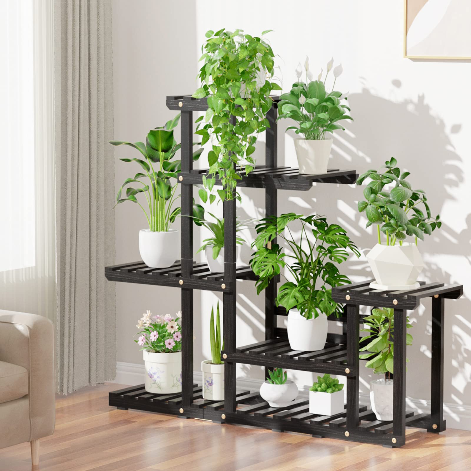 GREENER 6-Tier Wooden Plant Stand for Indoor & Outdoor Use - 11 Potted Plant Shelf Organizer for Flowers, Gardens, Patio, Balcony & Living Room Decor | Space-Saving Corner Plant Display Rack [Black]