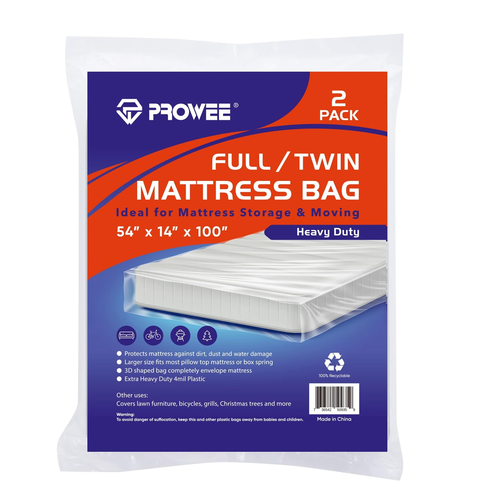 2-Pack 4Mil Heavy Duty Clear Plastic Mattress Bags for Moving & Storage - Full/Twin Size Mattress Protector Cover - Perfect for Home Moves, Long-Term Storage & Bed Protection