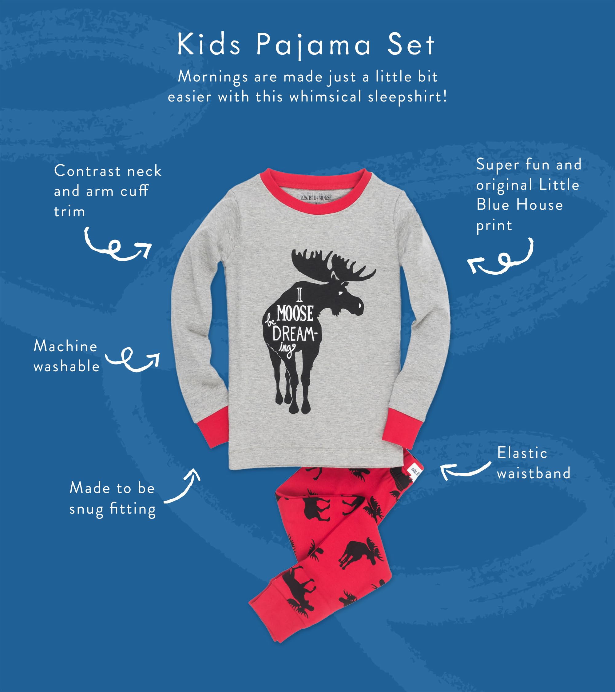 Unisex Kids' Long Sleeve Printed Pajama Set with Moose Design - Red Cotton Sleepwear for Boys & Girls Age 3 | Cozy Winter Nightwear for Bedtime & Lounging