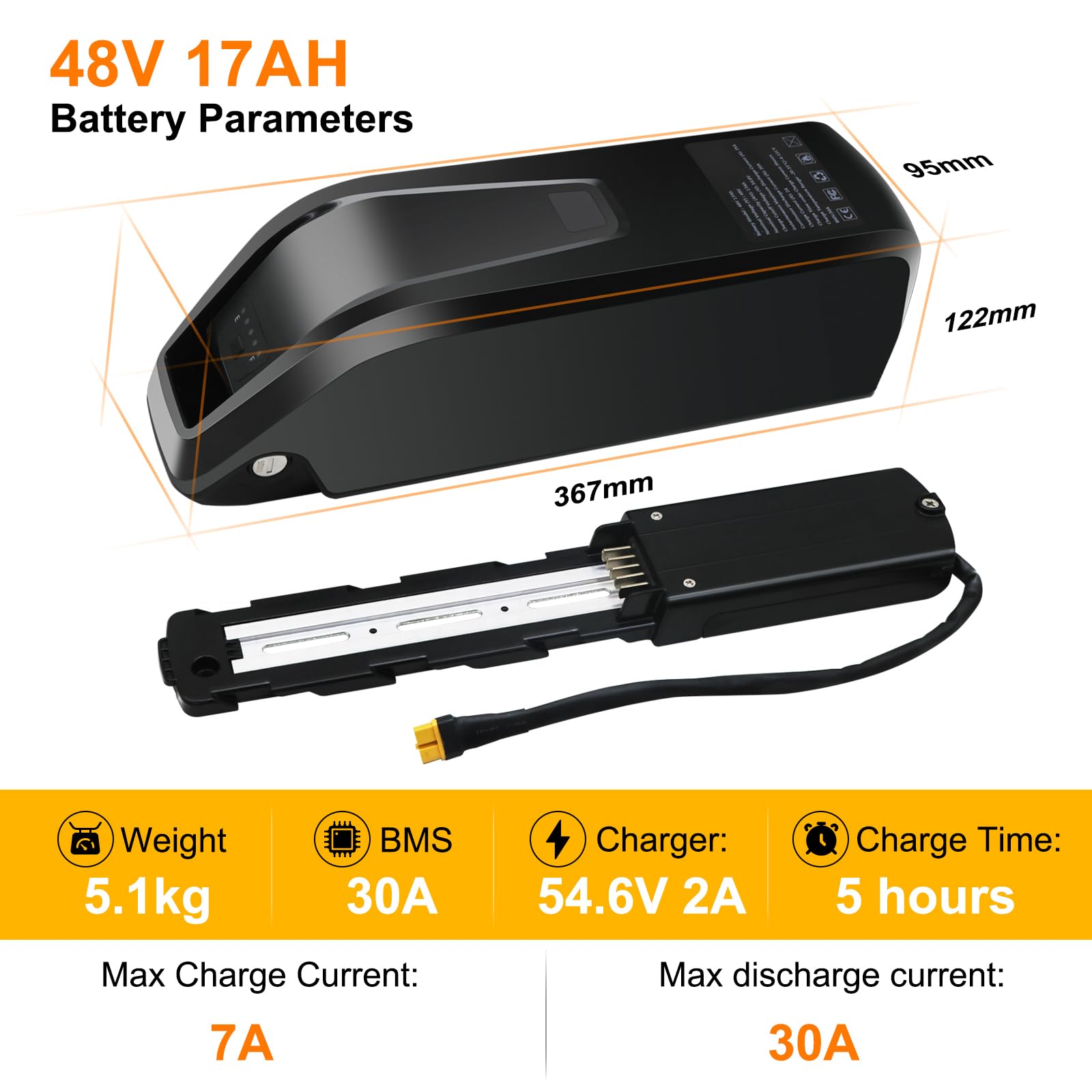 48V 17Ah Lithium Ebike Battery with Fast 2A Charger & USB Output - 30A BMS for 0-1400W Motors - Safe Lock & LED Indicator - Perfect for Commuting, Mountain Biking & Long-Distance Rides