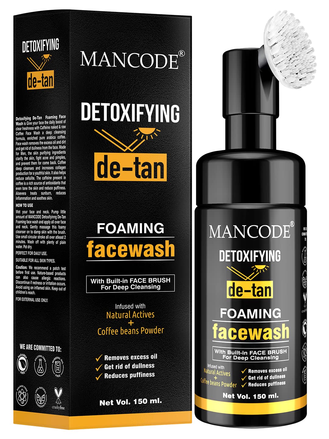 Mancode De-Tan Foaming Face Wash with Brush - Deep Cleansing for Men - Dark Spot & Tan Removal - 150ml - Perfect for Daily Skincare Routine