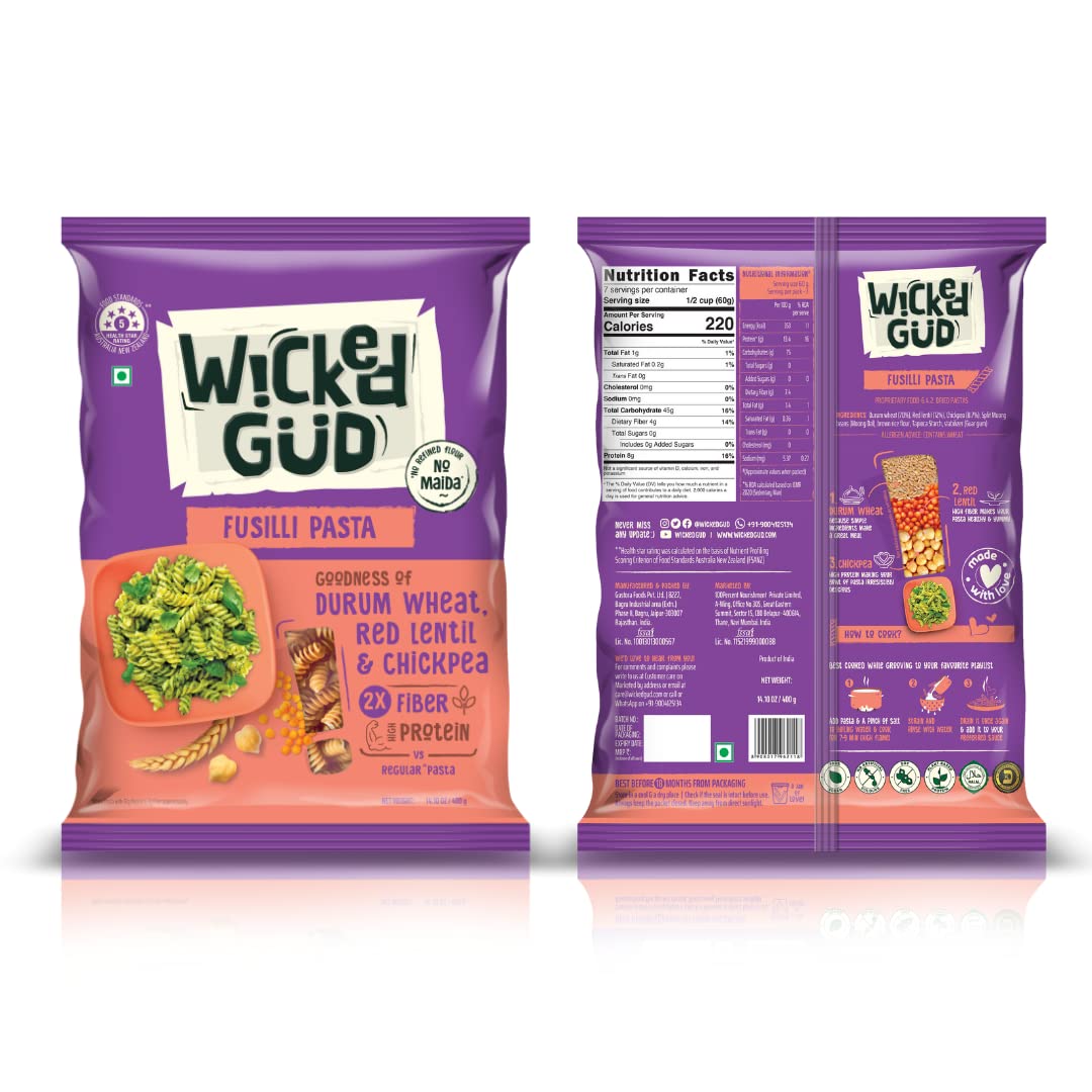 WickedGud 2X High Fiber Penne & Fusilli Pasta Combo - Durum Wheat Semolina, Brown Rice & Red Lentils Pasta | No Maida | Healthy Gluten-Free Diet Pasta (400g x 2) | Perfect for Vegan Meals, Weight Loss & Italian Cuisine