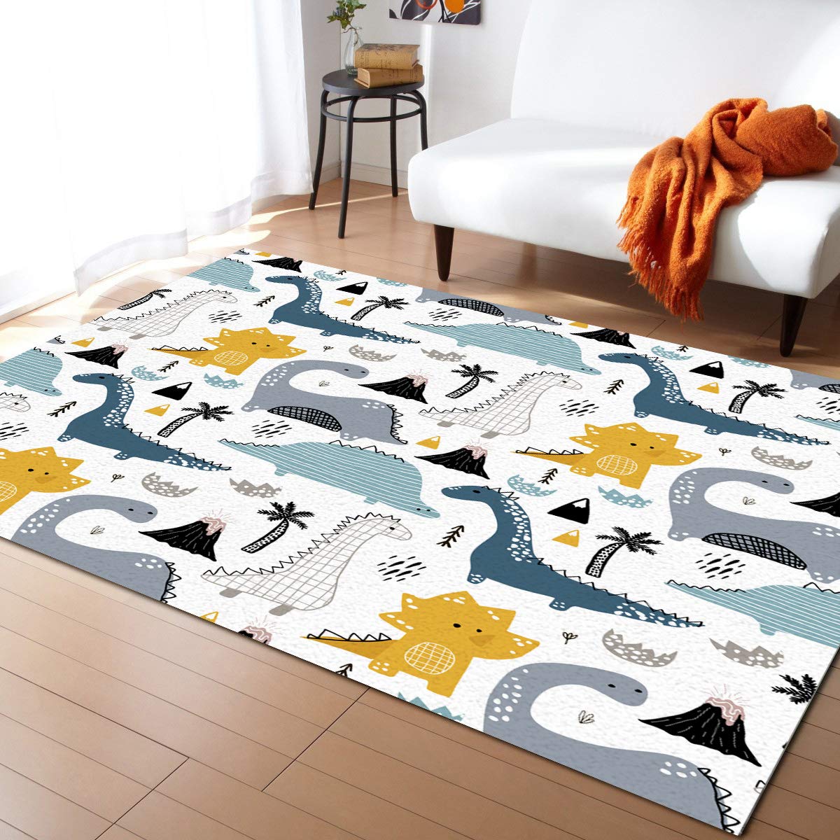 Dinosaur Volcano Area Rug 5'x8' - Non-Slip Washable Kitchen Rug, Absorbent Baby Play Mat & Hallway Runner - Perfect for Living Room, Bedroom, Bathroom & Kids' Play Area