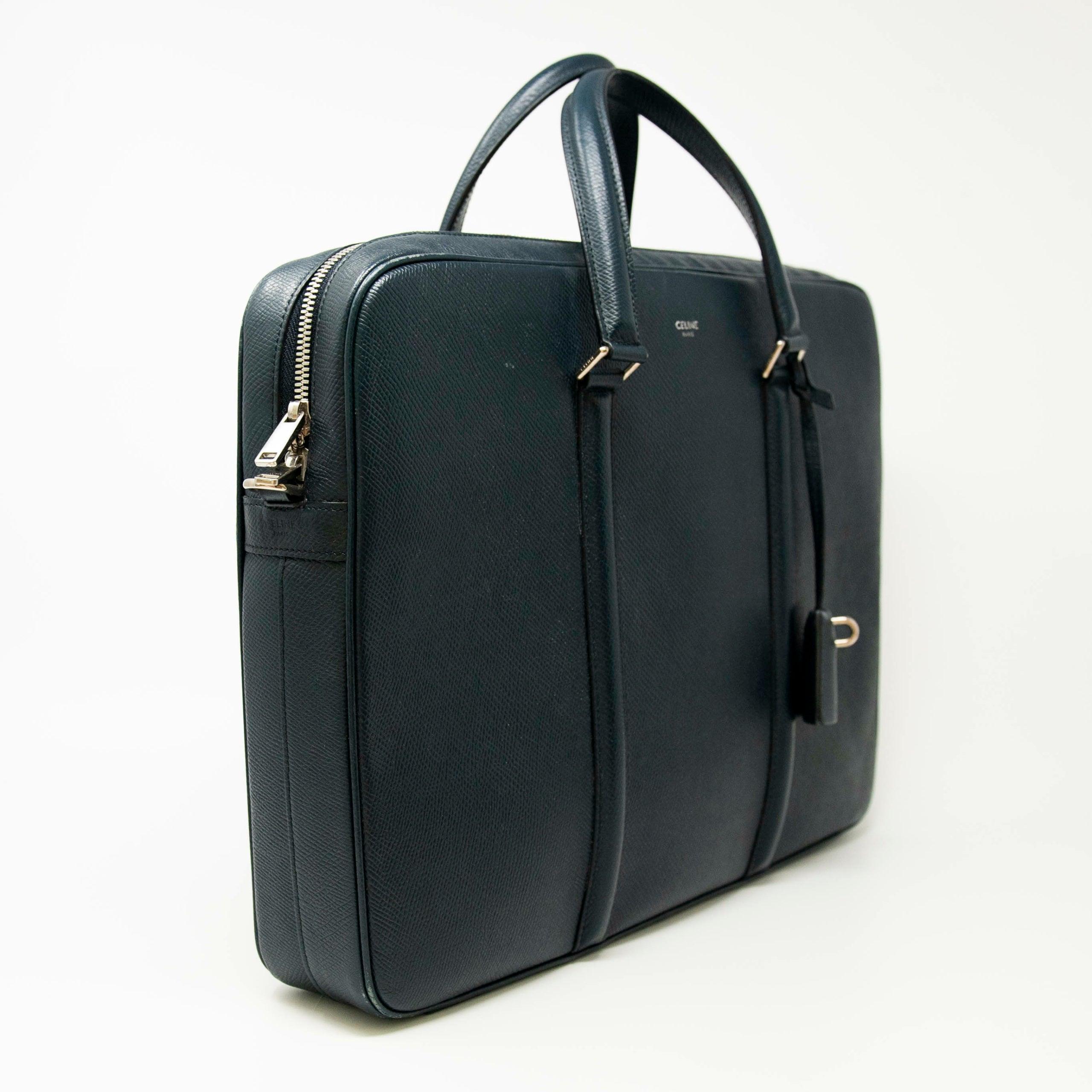 Luxury Celine Navy Grained Calfskin Leather Briefcase for Men - Professional Business Work Bag for Office, Travel & Executive Meetings