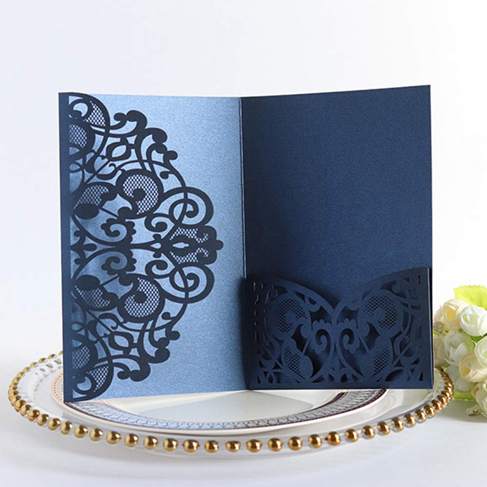 10PCS Elegant Navy Blue Wedding Invitation Cards with Ribbon - European Style Laser Cut Invitation Kit with Hollow Floral Design & Blank Cardstock - Perfect for Weddings, Anniversaries & Special Events by Giveme5