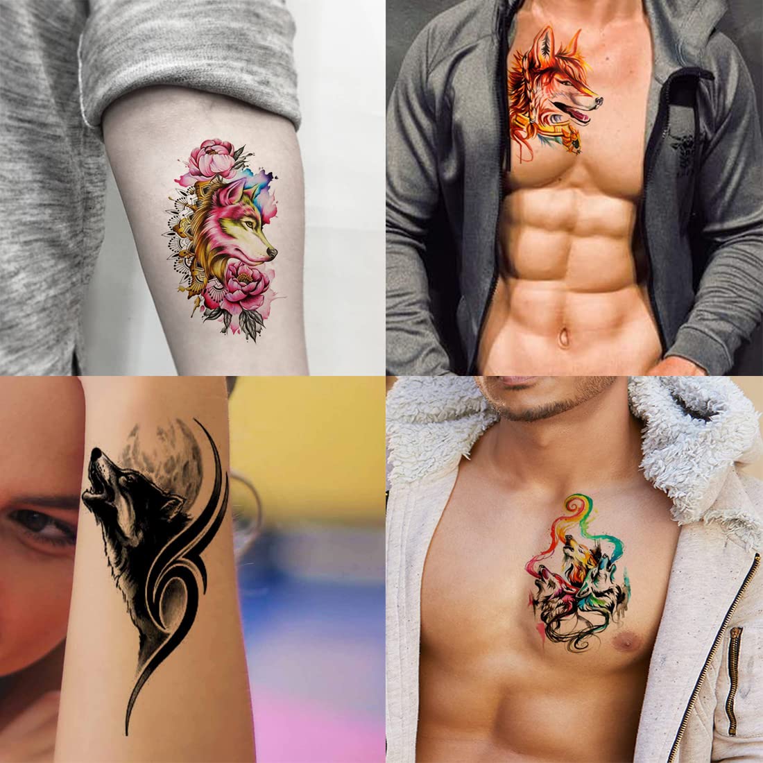 Wolf Dog Tribal Temporary Tattoos - Pack of 4 Multicolor Body Art Stickers for Men & Women (2x4 Inch) - Perfect for Parties, Halloween & Costume Events