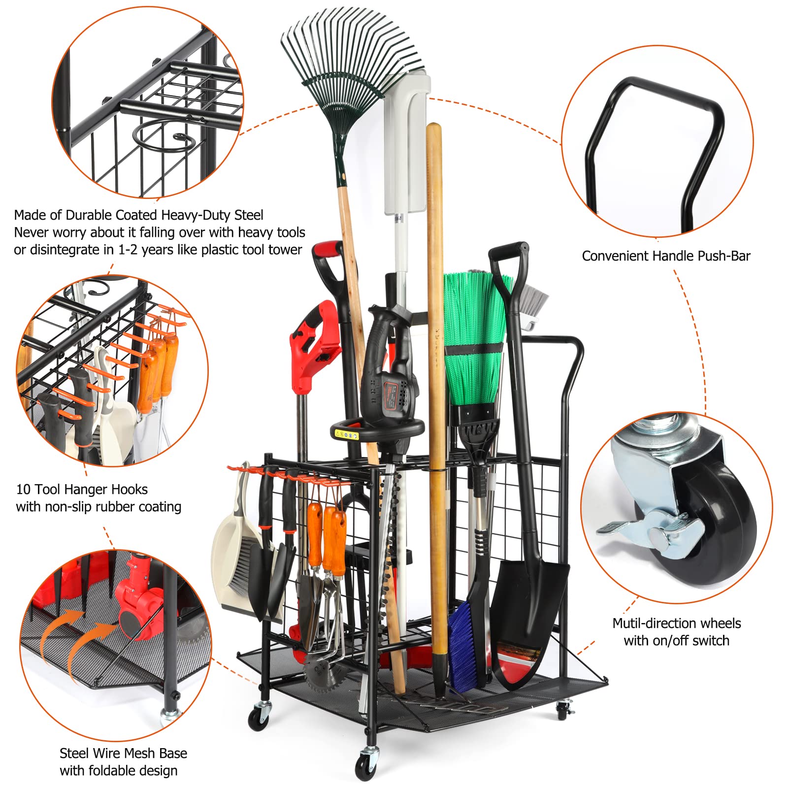 Steel Garden Tool Organizer with Wheels - Heavy Duty Rolling Tool Tower for Garage, Shed & Yard Storage - Black Long Handle Tool Organizer for Easy Access & Mobility | Perfect for Gardening, Landscaping & Home Organization