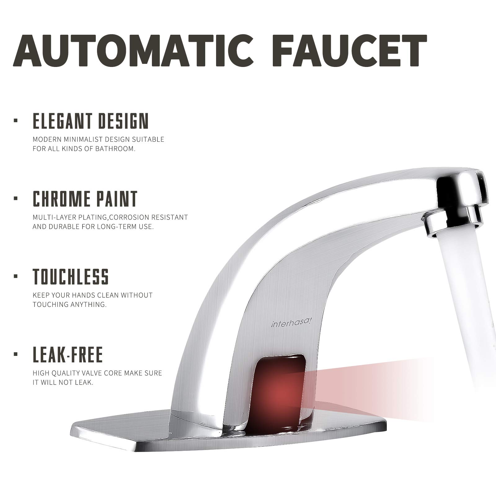 Chrome Automatic Touchless Bathroom Faucet - Hands Free Sensor Sink Faucet with Control Box & Hole Cover Plate (IT-202) - Ideal for Modern Homes, Public Restrooms & Water-Saving Applications