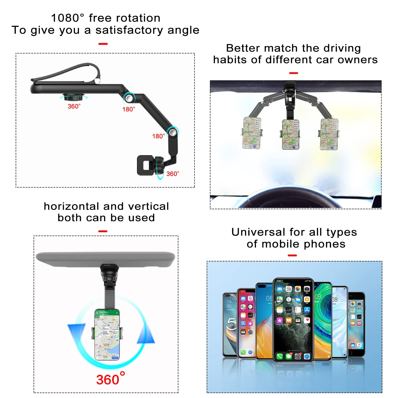 XZEIT 360° Rotatable & Retractable Universal Car Phone Mount Holder - Rearview Mirror & Back Seat Compatible for iPhone, Samsung, Huawei, Xiaomi Smartphones | Perfect for Driving, Cooking in Kitchen & Road Trips