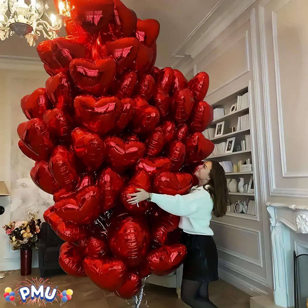 Valentine's Day Red Heart Shaped 18 Inch Mylar Foil Balloons - Pack of 100 for Party Decorations, Wedding Decor & Romantic Events