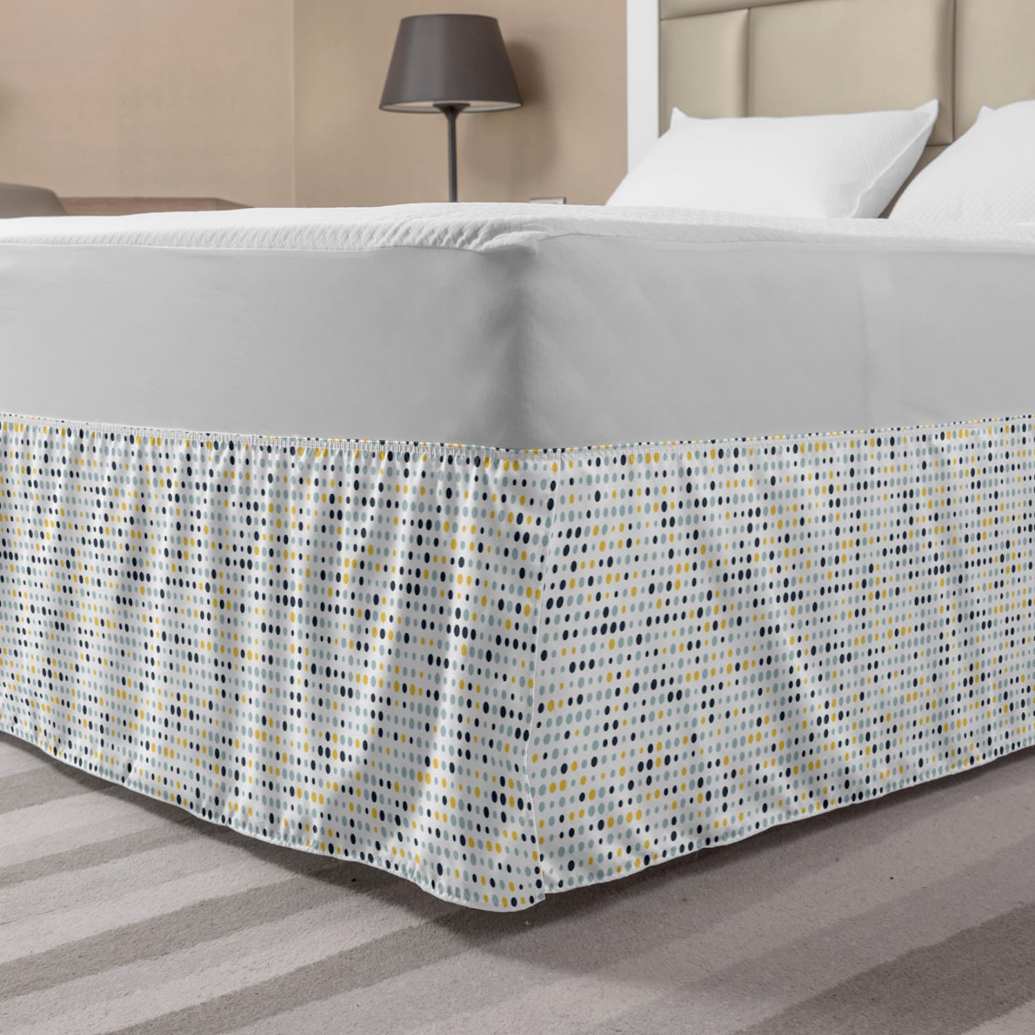 Ambesonne Polka Dot Bed Skirt - Modern Round Dots on Plain Background, Elastic Wrap Around Gathered Design for King Size Beds, Multicolor | Perfect for Bedroom Decor & Home Styling