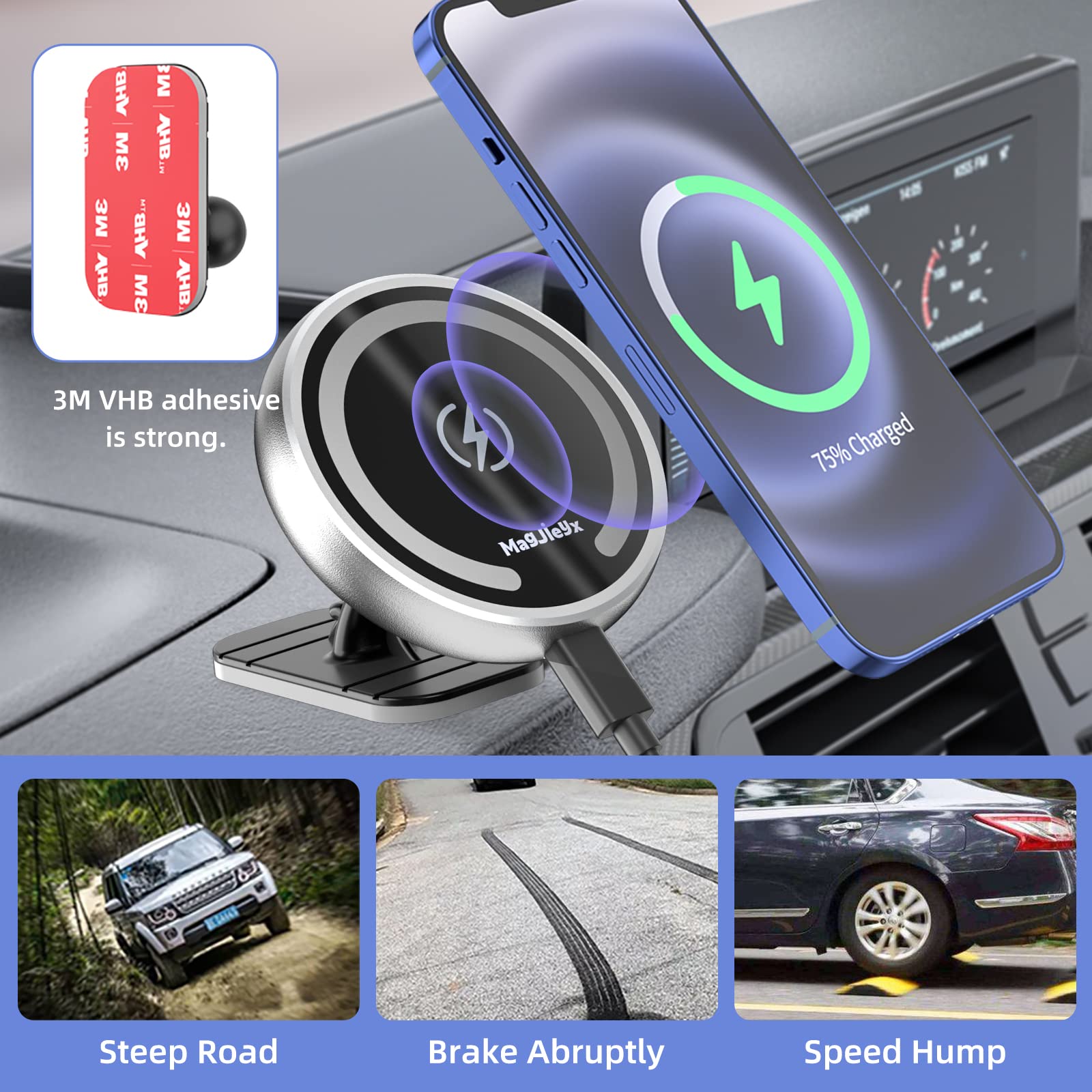 Magnetic MagSafe Car Charger Mount - 15W Fast Wireless Charging Phone Holder for iPhone 16/15/14 Pro Max/13/12/11, Compatible with MagSafe Cases - Dashboard & Air Vent Mount (Silver) | Perfect for Road Trips & Daily Commute