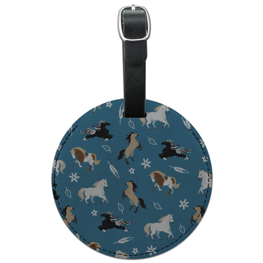 Round Leather Luggage Tag with Frolicking Horses Design - Durable Suitcase ID Card Holder for Travel & Carry-On Bags - Perfect for Vacation, Business Trips & Gift Giving