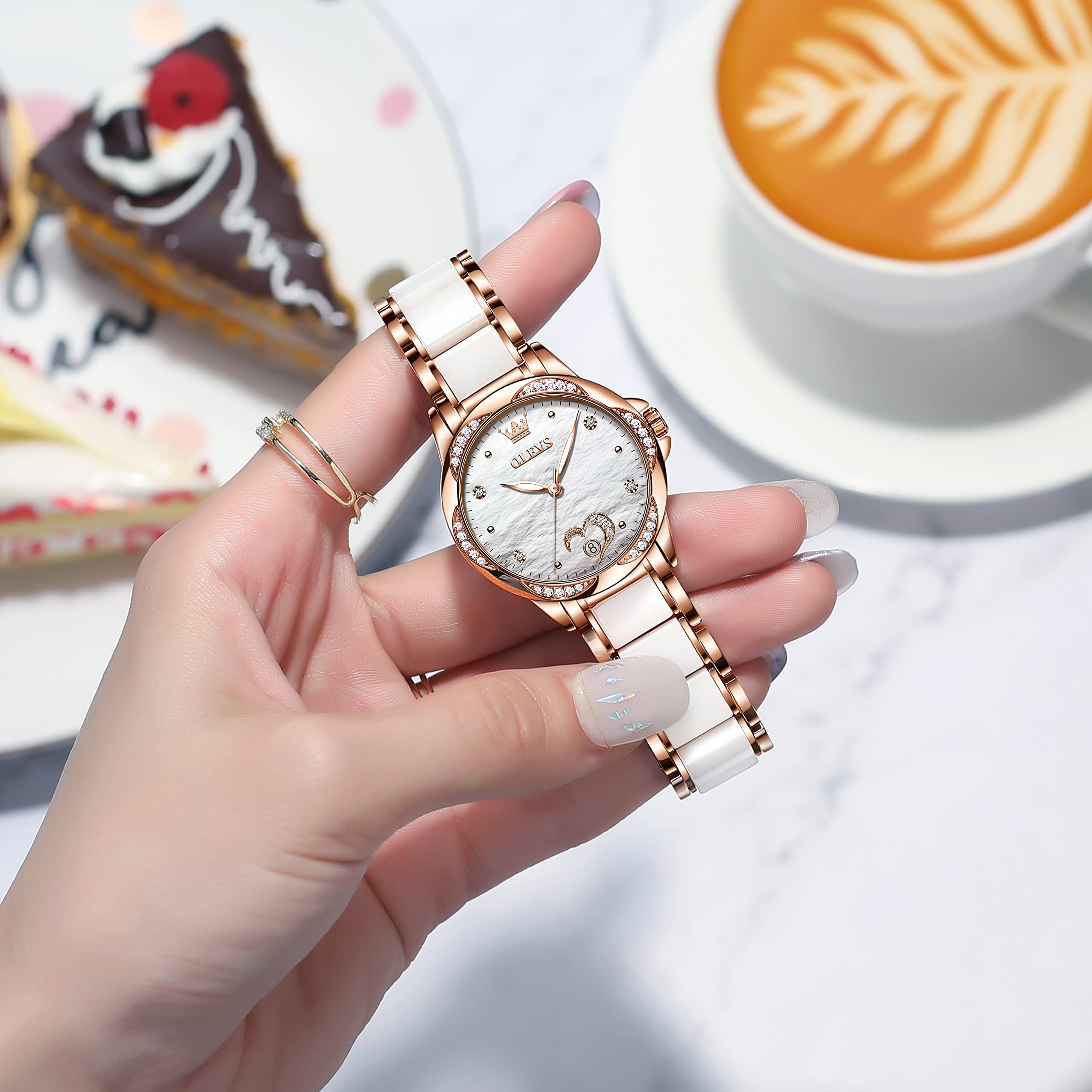OLEVS Women's Automatic Watch - Premium Large Face Diamond Accented Self-Winding Dress Watch with Two-Tone Stainless Steel & Ceramic Bracelet, Waterproof & Fashionable - Perfect for Business, Party & Everyday Wear