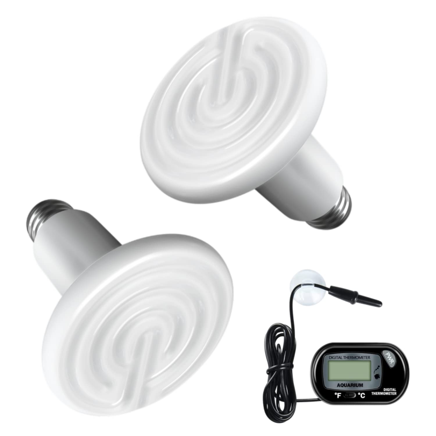150W Ceramic Heat Emitter Bulb for Reptiles - No Light Reptile Heat Lamp with Digital Thermometer - Ideal for Turtles, Lizards, Snakes, Chicken Coops & Aquarium Tanks - Perfect for Nighttime Heating and Pet Habitat Temperature Control