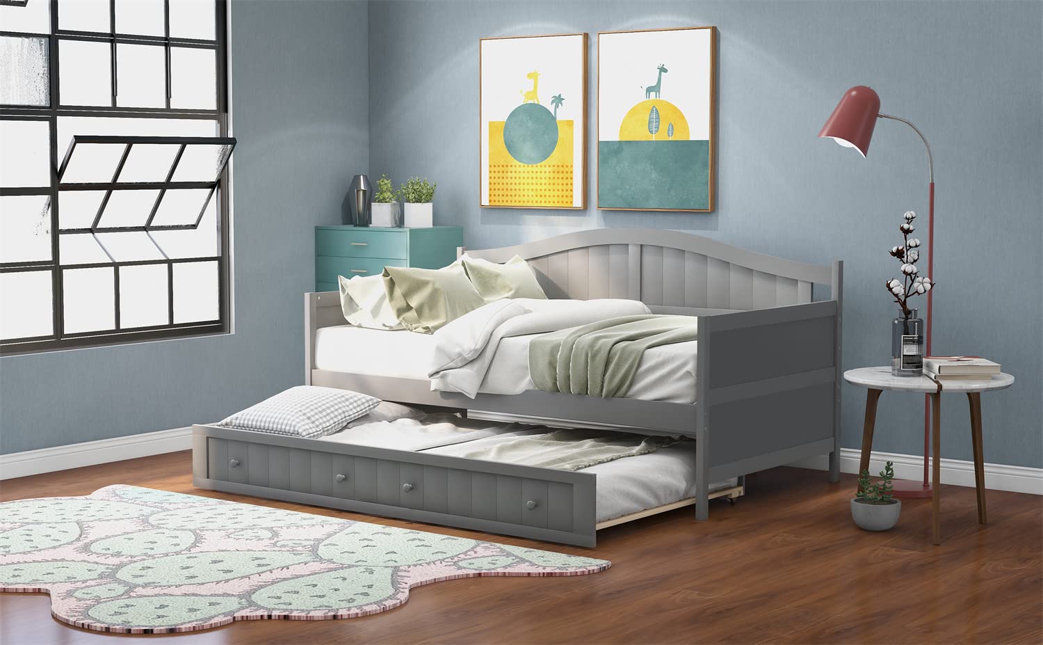 Triple Tree Twin Daybed Frame with Trundle - Solid Wood Platform Bed for Kids, Teens & Adults - 10-Slat Support - No Box Spring Needed - Gray - Perfect for Bedrooms, Guest Rooms & Small Spaces