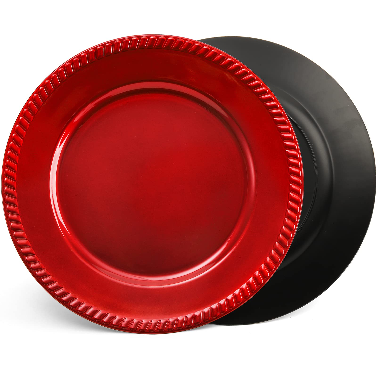 12 Pack Red Plastic Beaded Rim Charger Plates - 13 Inch Round Dinner Plates for Wedding, Party & Holiday Table Decor - Elegant Place Settings for Formal Dining & Special Occasions