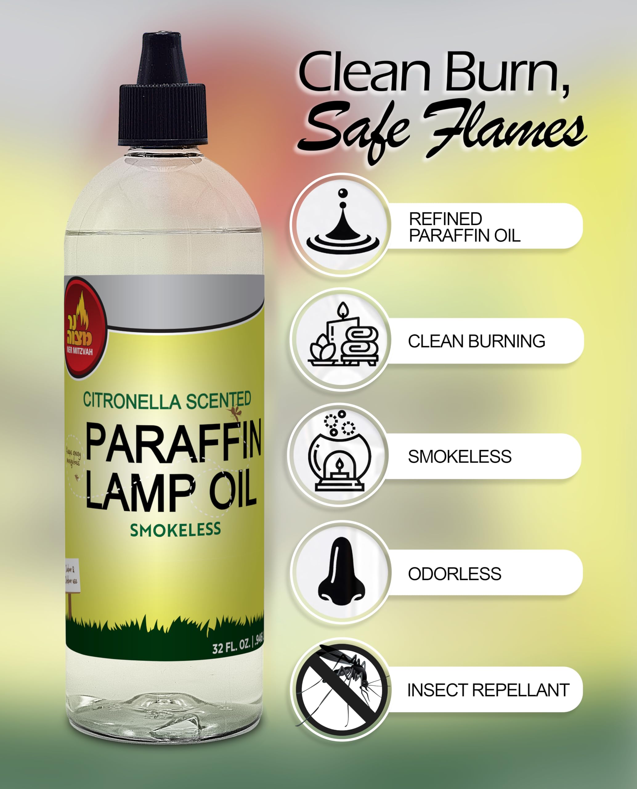 Premium Citronella Scented Lamp Oil - 32oz Smokeless Mosquito Repellent for Indoor/Outdoor Use | Paraffin Oil for Lanterns, Torches & Candles | Perfect for Patio, Camping & Backyard Gatherings