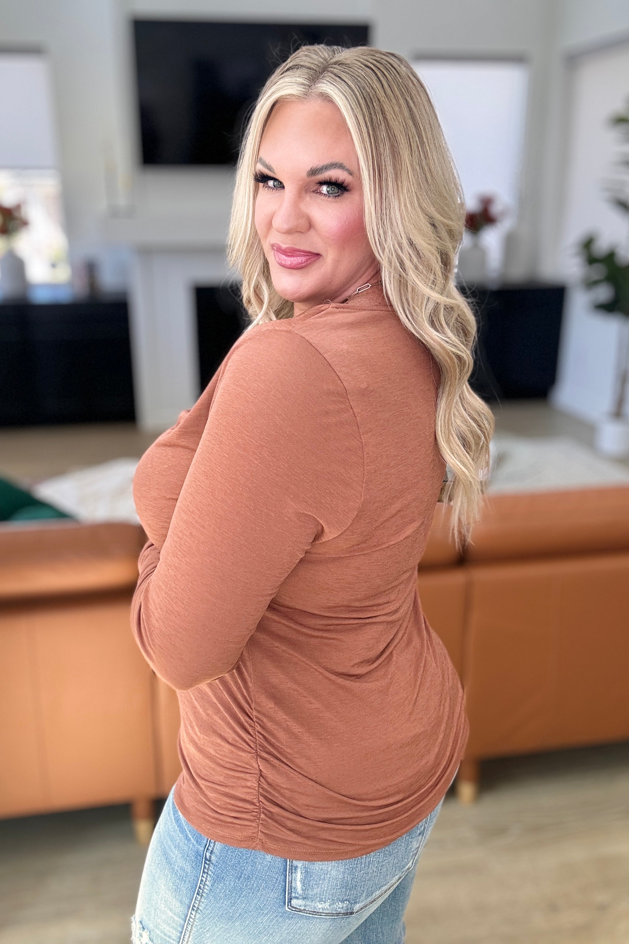 Elegant Ruched Cowl Neck Blouse in Rust - Women's Fashion Tops for Casual Wear, Office & Date Night Outfits