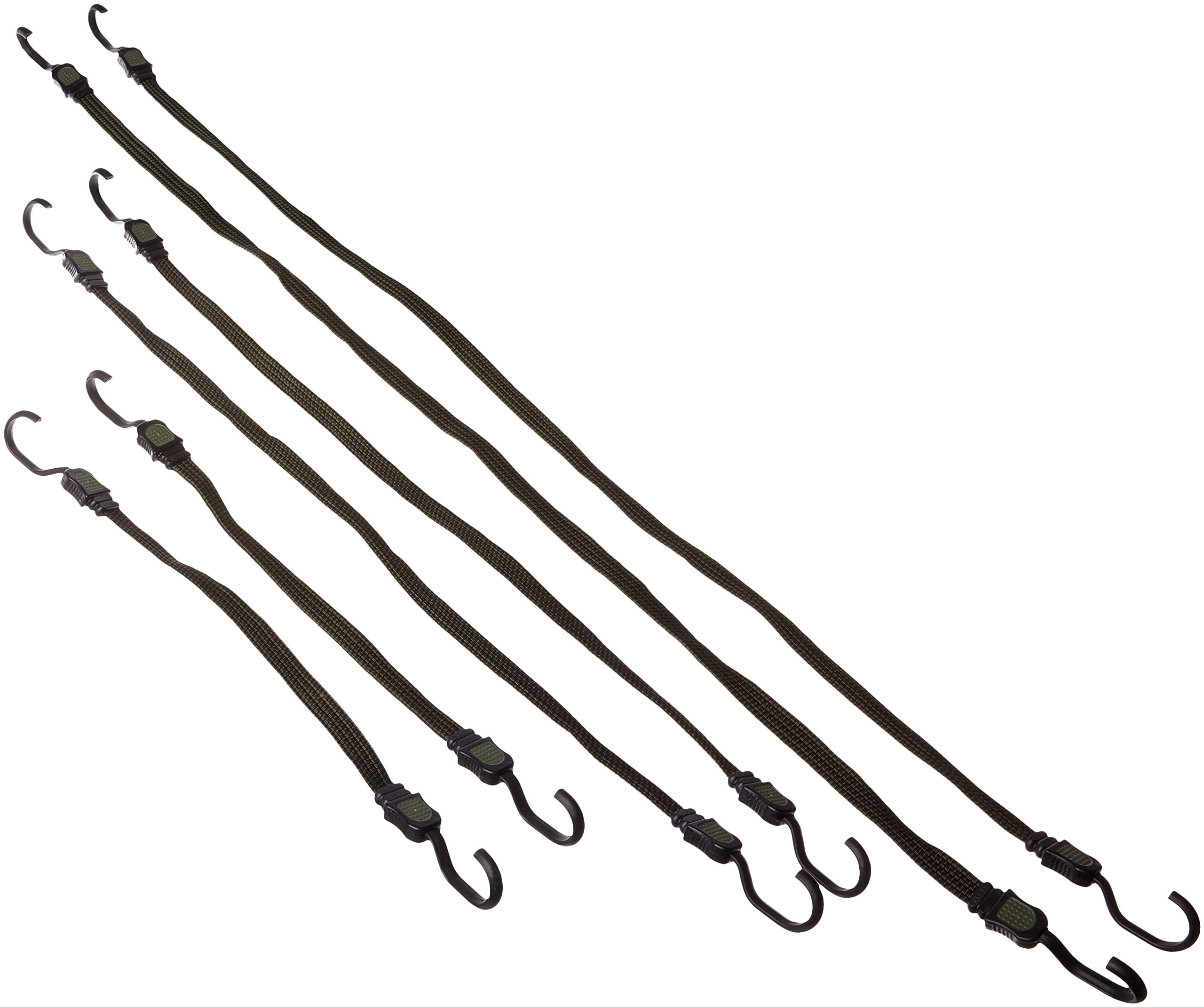 Buffalo Tools FBUNGEE6 Flat Bungee Cords 6-Pack - Heavy Duty Elastic Straps with Hooks for Securing Cargo, Camping Gear, and Outdoor Equipment - Ideal for Trucks, Trailers, and Storage Organization