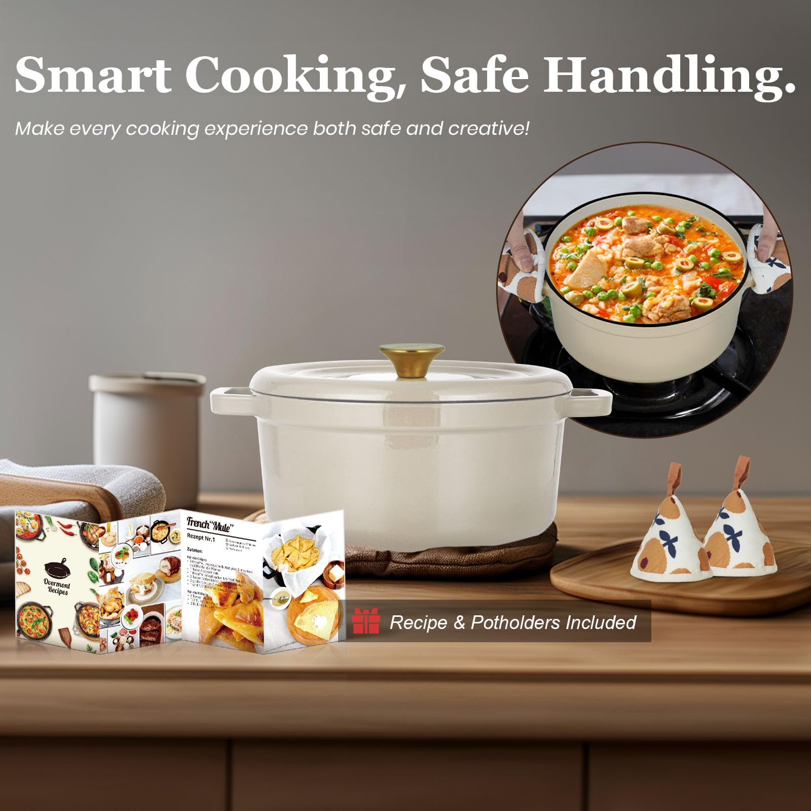 Overmont 5QT Enameled Cast Iron Dutch Oven with Lid - Heavy Duty Cookware for Braising, Stews, Roasting & Bread Baking - Includes Free Cookbook & Cotton Potholders - Perfect for Home Cooking, Camping & Outdoor Use (White)