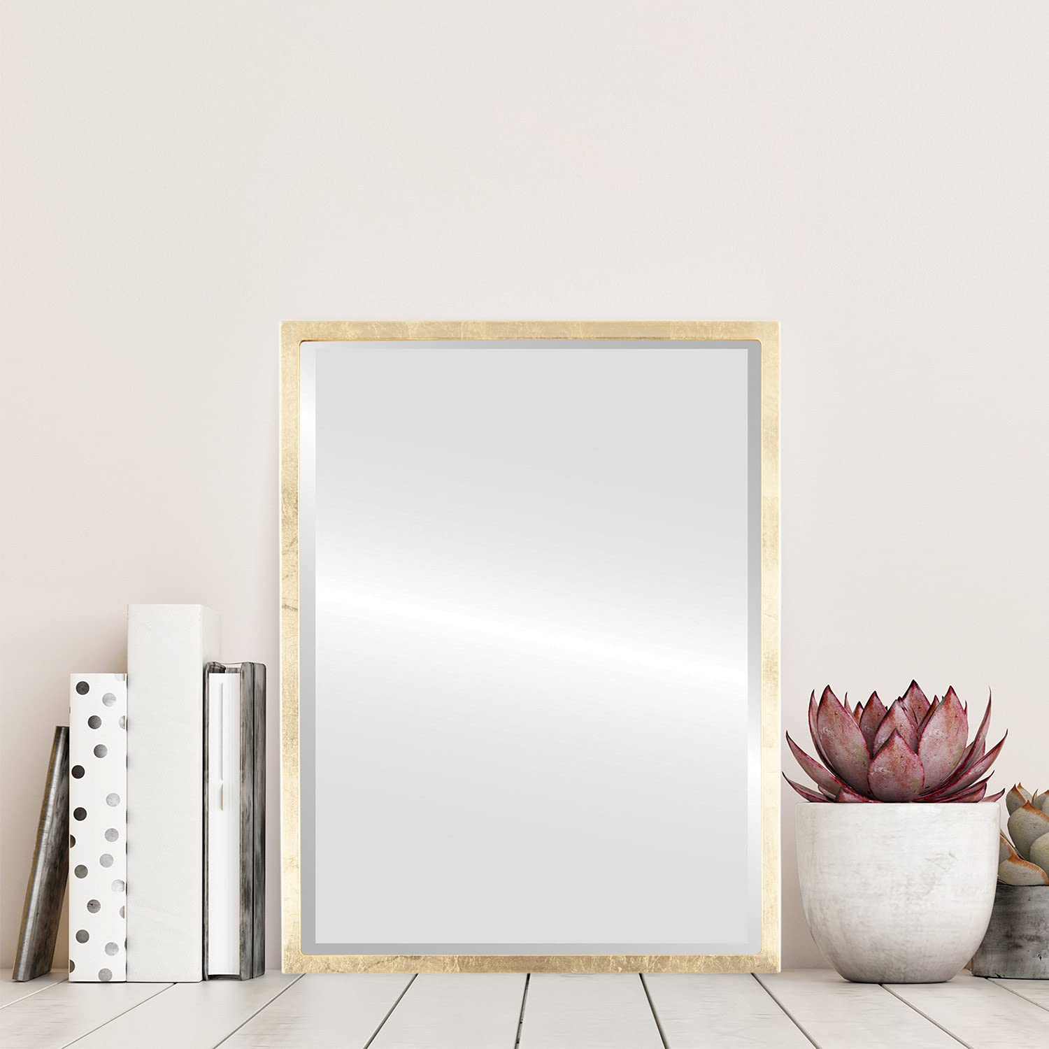 OVALCREST - 25.1x37.1 Inch Gold Leaf Rectangle Wooden Beveled Wall Mirror - London Style Home Decor for Bathroom, Vanity, Bedroom, Living Room & Hallway - Perfect for Accent Walls, Entryways and Dressing Areas